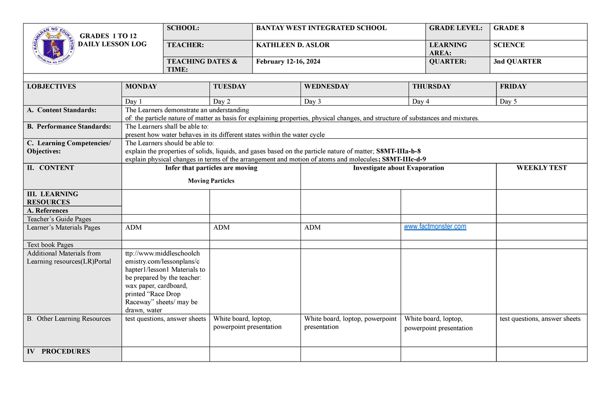 Science 8 feb - GRADES 1 TO 12 DAILY LESSON LOG SCHOOL: BANTAY WEST ...