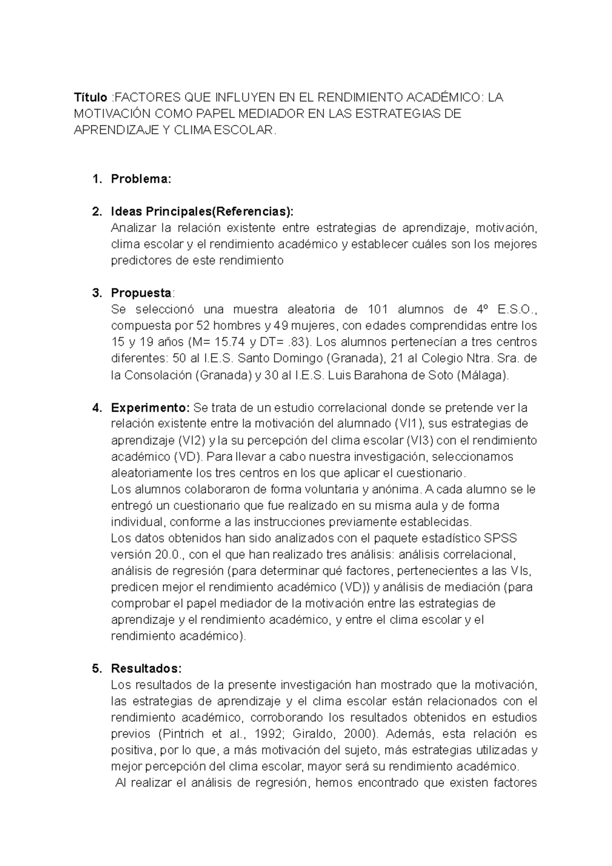 Factores Que Influyen En El Rendimiento Académico Título Factores