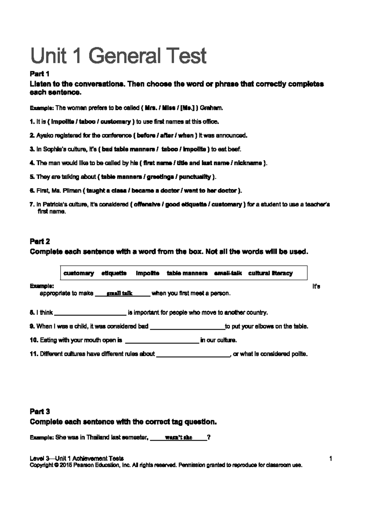 Unit 1 Review test - DDDDDDDDD - Unit 1 General Test Part 1 Listen to ...