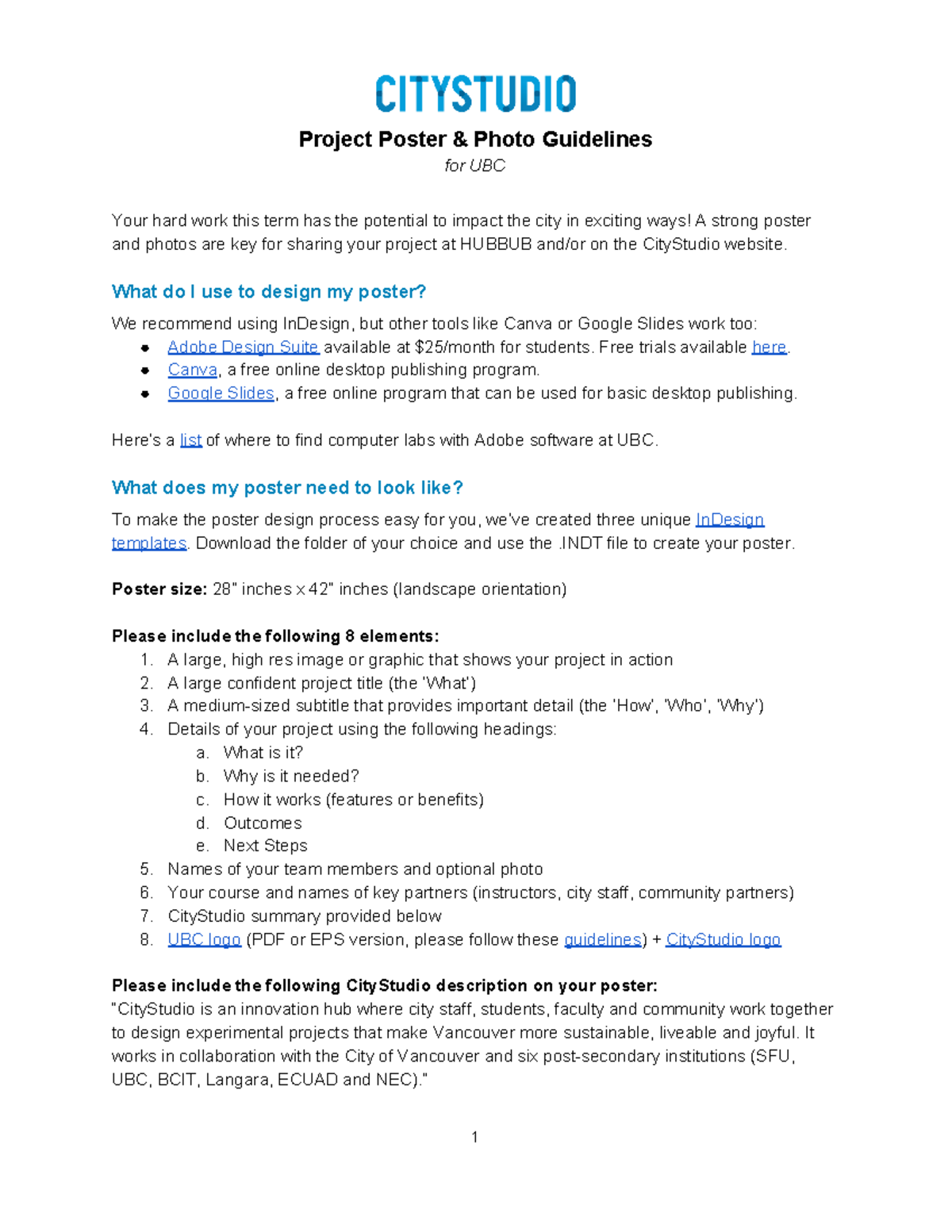 City Studio Poster Photo Guide (UBC) Project Poster & Photo