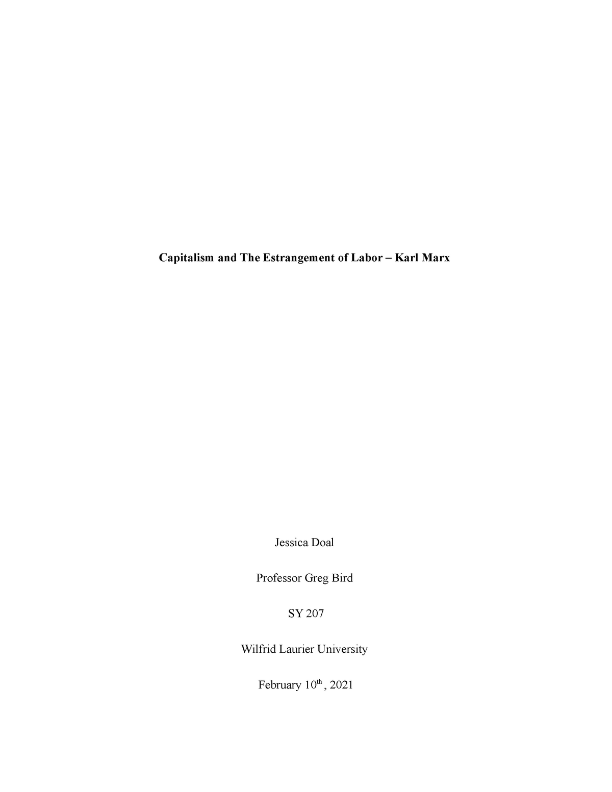 Critical Reflection Paper - Capitalism and The Estrangement of