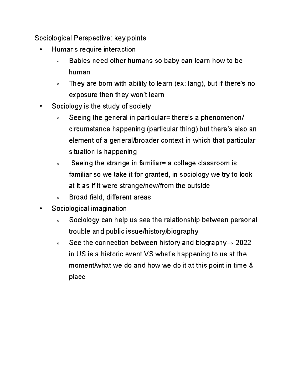 Intro to Sociology - Sociological Perspective: key points - Humans ...