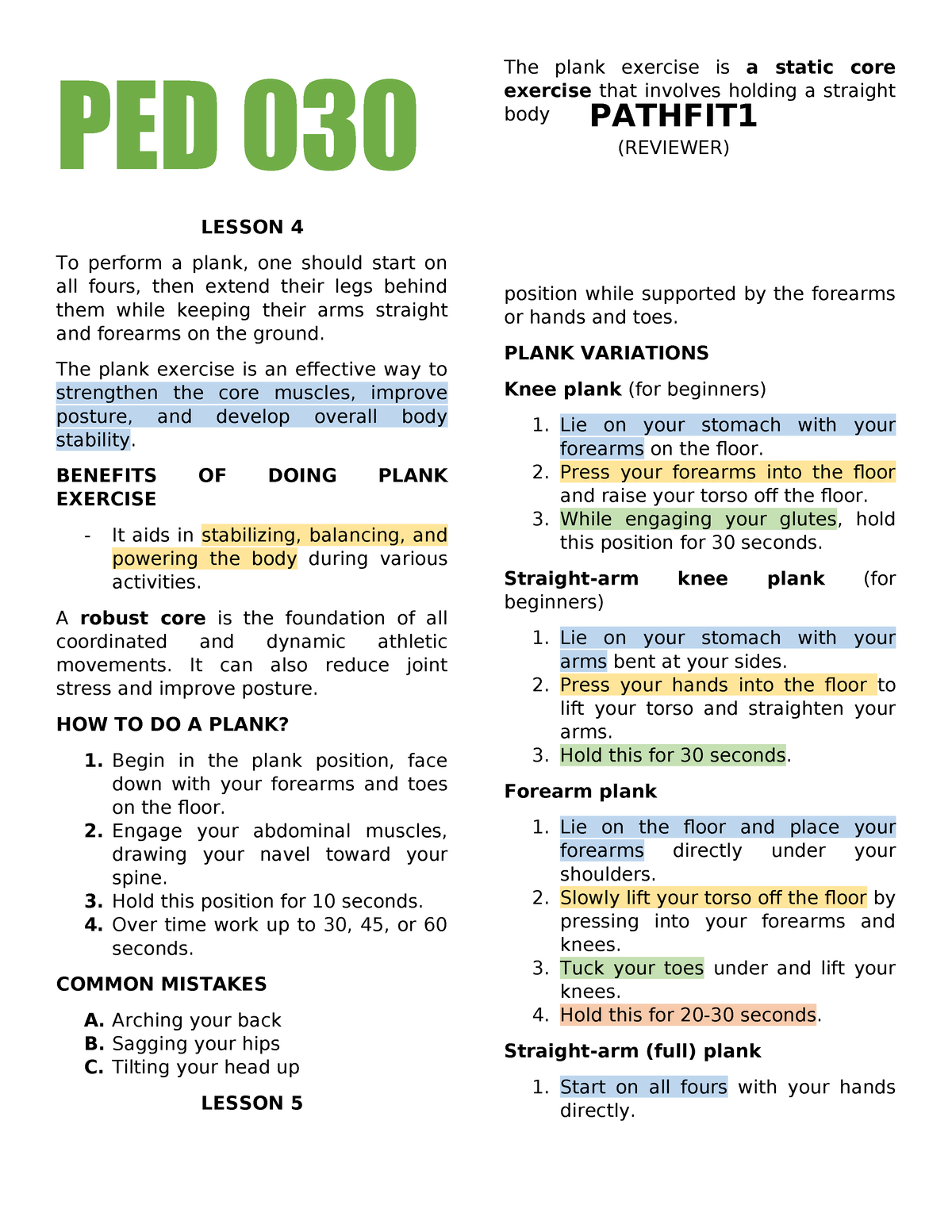 PED 030 P2Reviewer - Reviewer - PED 030 LESSON 4 To Perform A Plank ...