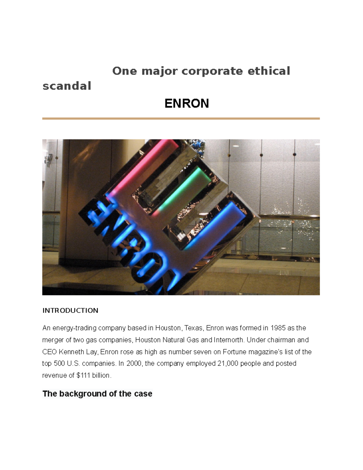 Report - Tfkugo8 - One Major Corporate Ethical Scandal ENRON ...