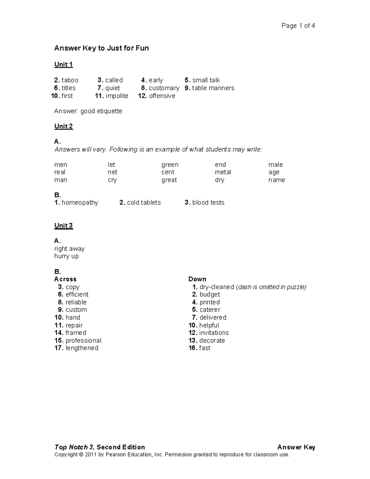 Just for Fun anwers Top Notch 3 , Second Edition Answer Key Answer