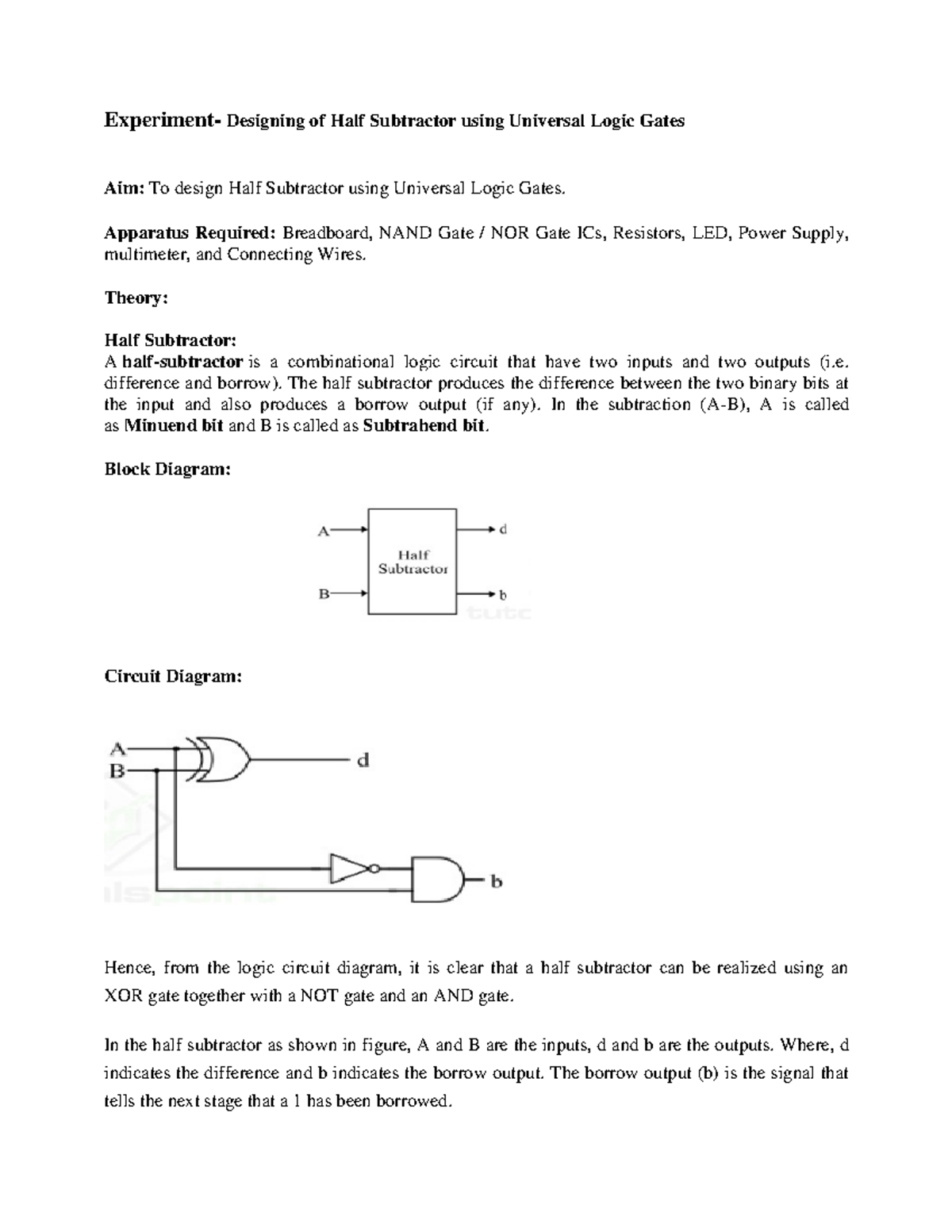 DE Lab Experiment Half Subtractor - Experiment- Designing of Half ...