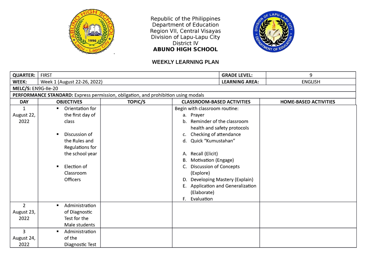 Week 1 Eng9 Wlp Lesson Plan Department Of Education Region Vii Central Visayas Division Of 