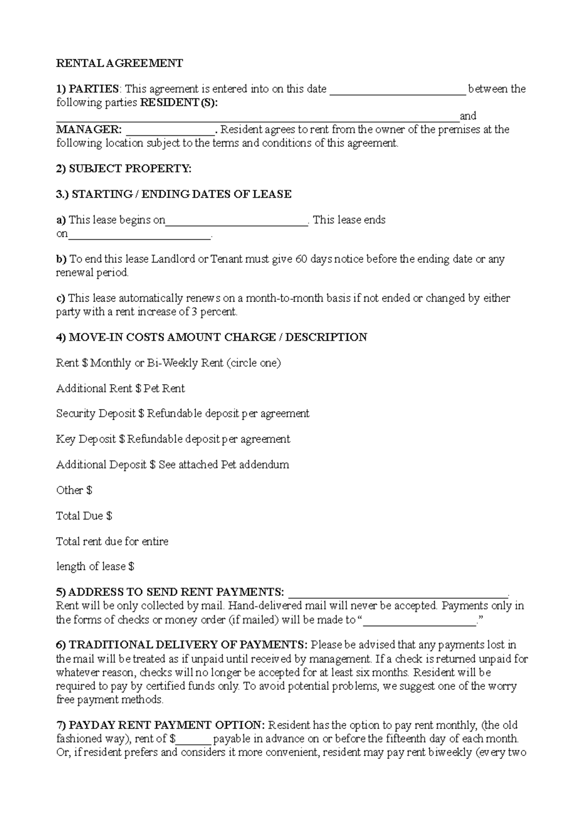 Rental agreement plain language lease - RENTAL AGREEMENT 1) PARTIES ...