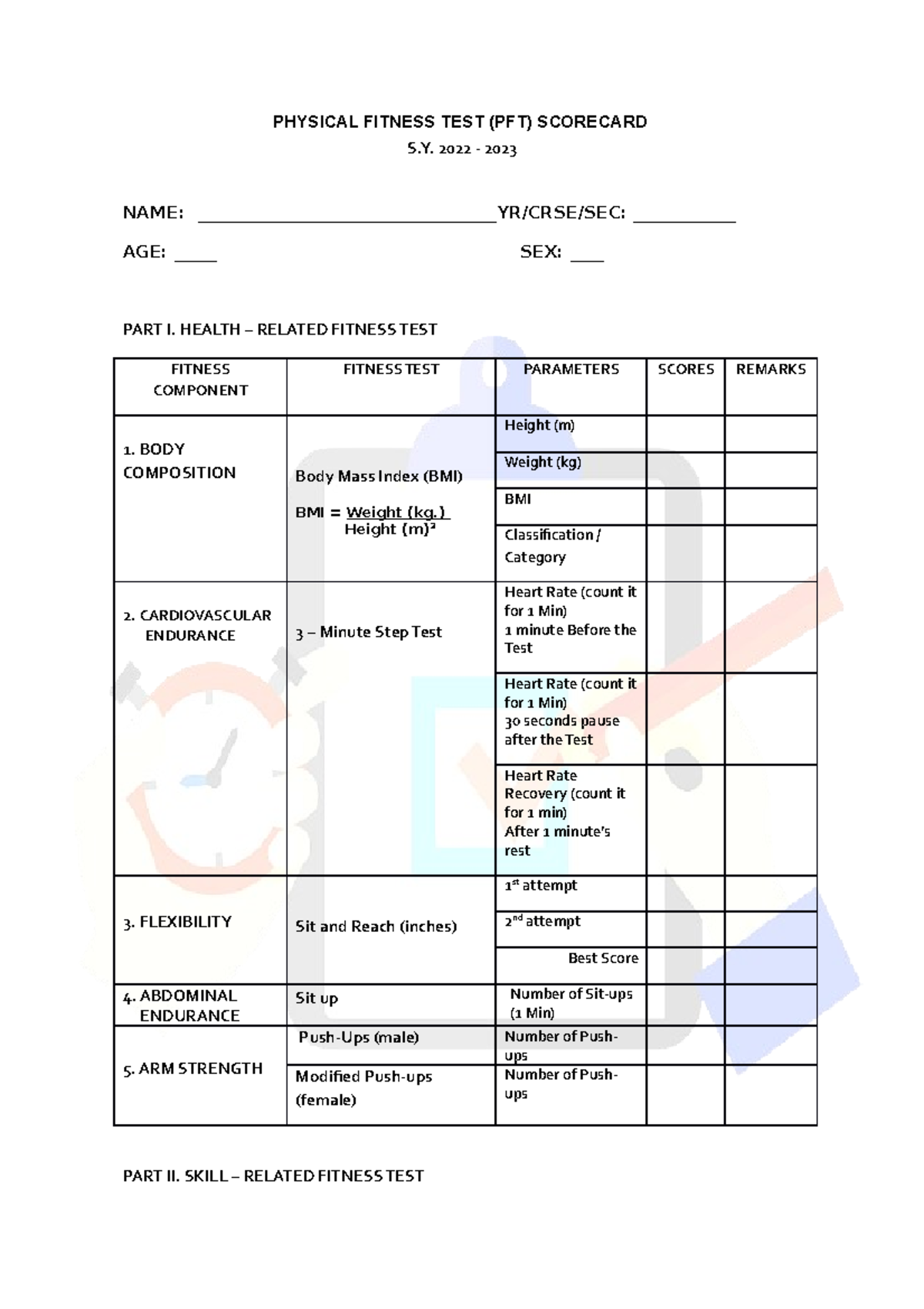 Physical Fitness Test Score Card 1 Physical Fitness Test Pft Scorecard S 2022 2023 Name