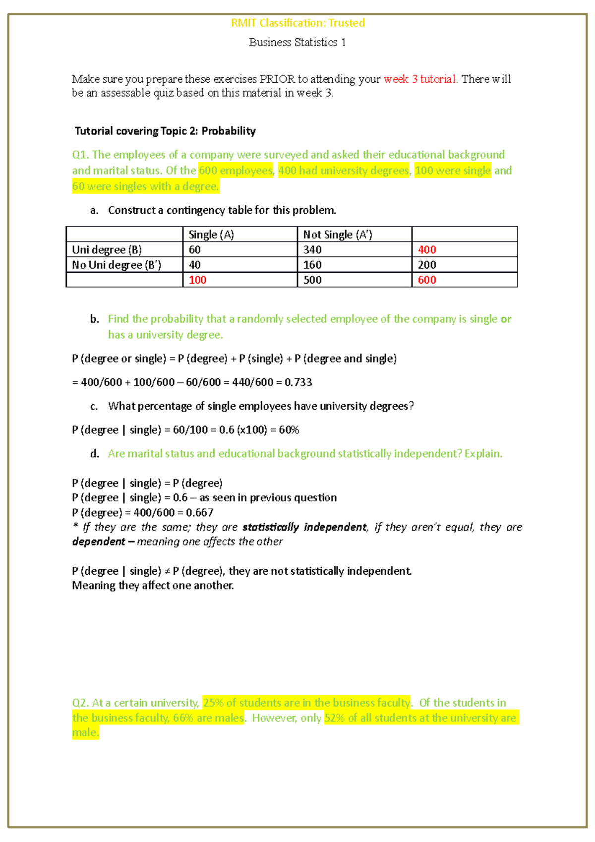 Tutorial Week 3 Covering Lecture Topic 2-1 - Business Statistics 1 Make ...