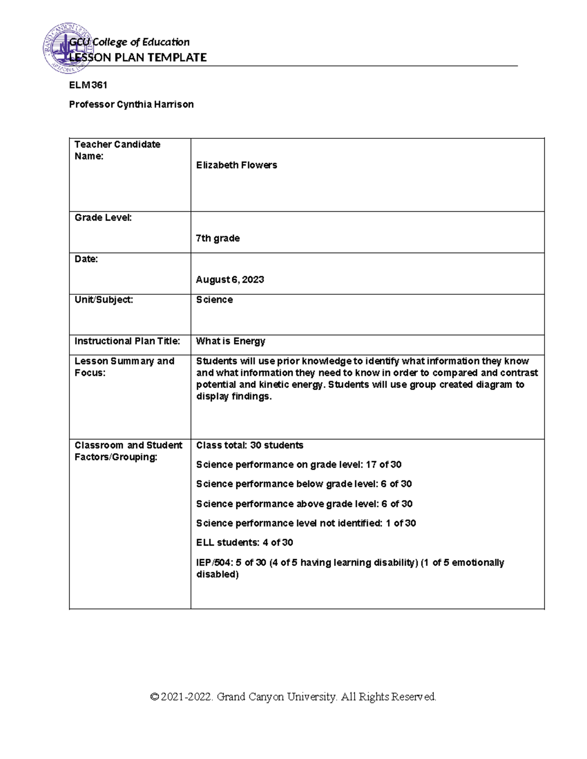 EFlowers ELM 361 LP full lesson plan LESSON PLAN TEMPLATE ELM 361 Professor Cynthia Harrison