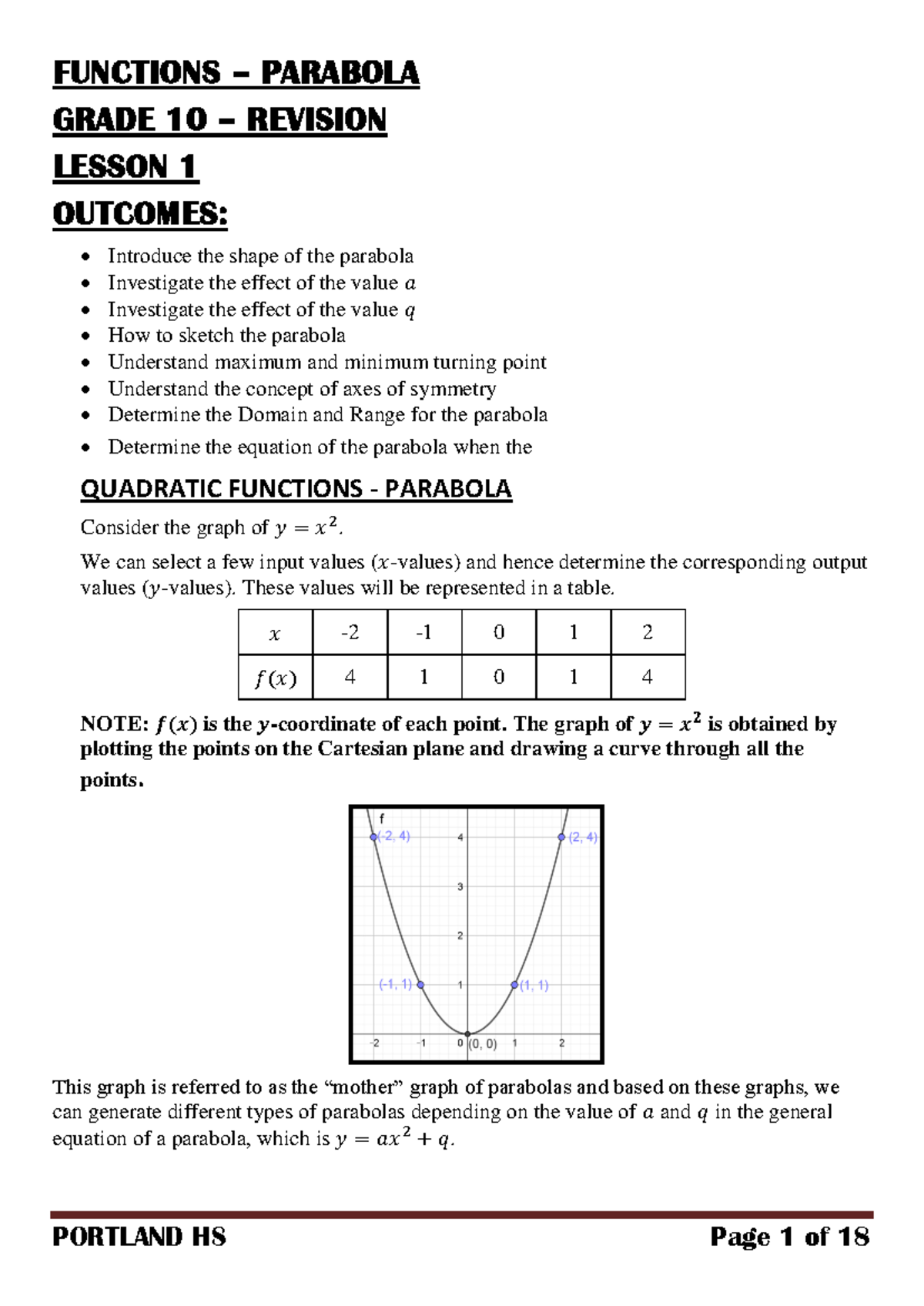 11 M Functions Lesson 1 - Straight LINE AND Parabola 2024 - FUNCTIONS ...