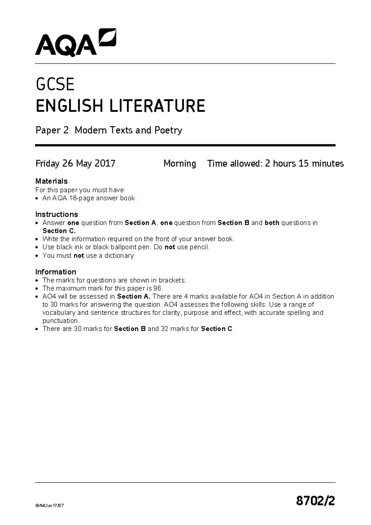 AQA GCSE English Literature Paper 2 June 2017 - IB/M/Jun17/E7 8702 ...