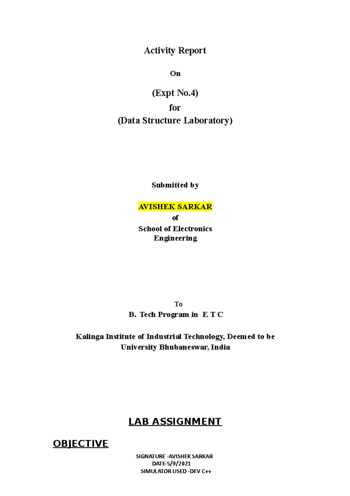 2004 248 Avishek sarkar DSA exp 4 - Activity Report On (Expt No) for ...