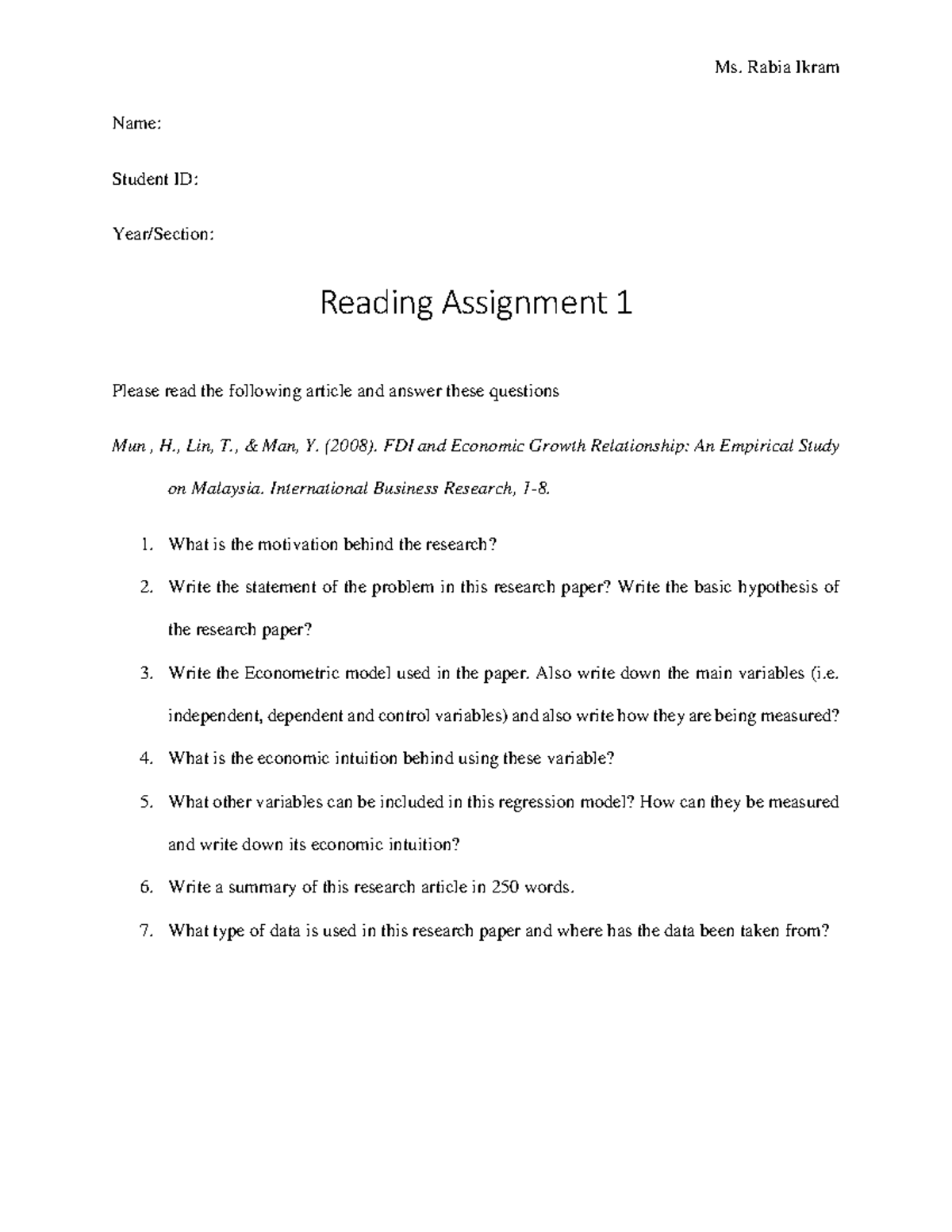Reading Assignment 1 - Ms. Rabia Ikram Name: Student ID: Year/Section ...