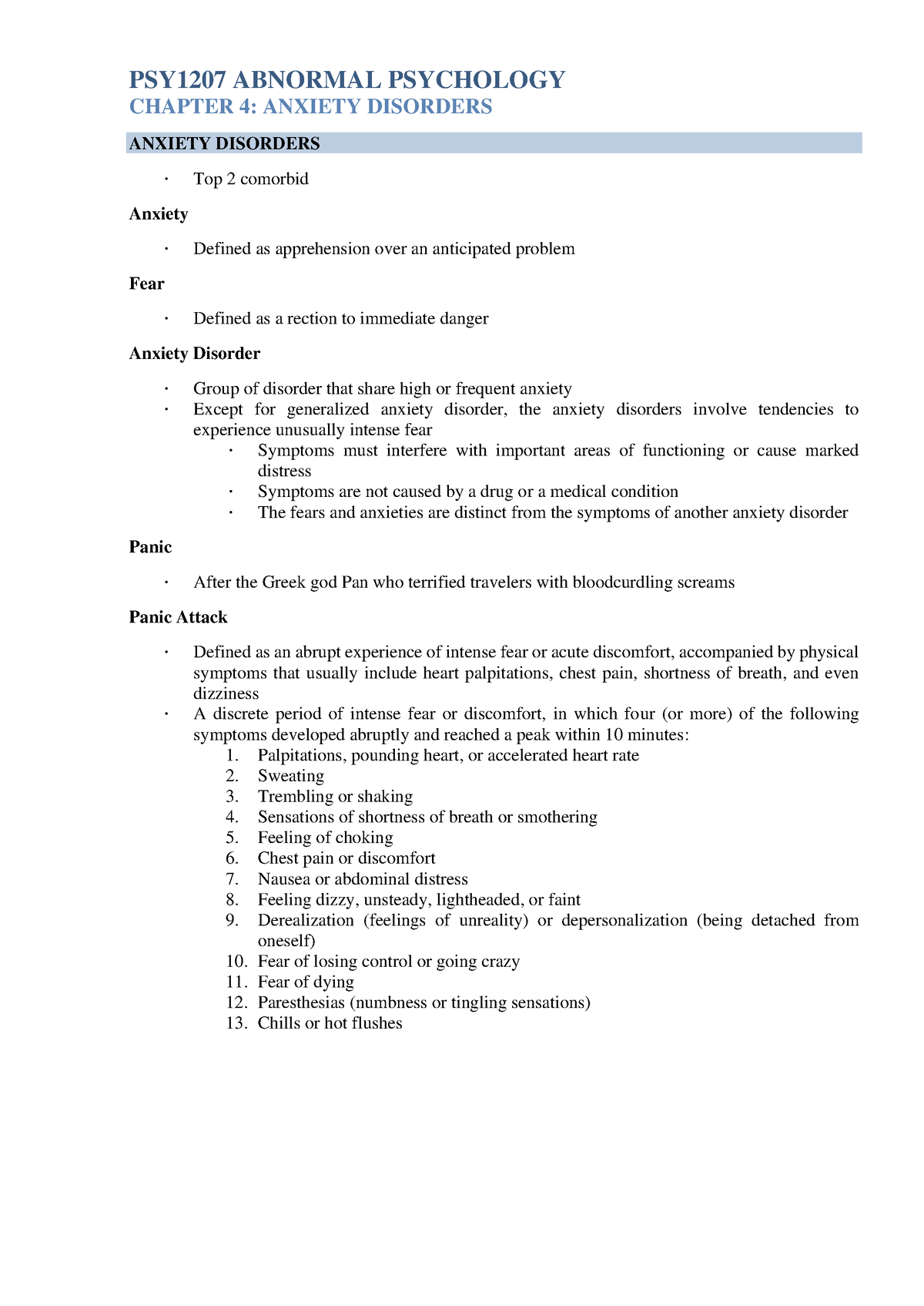 Chapter 4 - Anxiety Disorders - PSY1207 ABNORMAL PSYCHOLOGY CHAPTER 4 ...