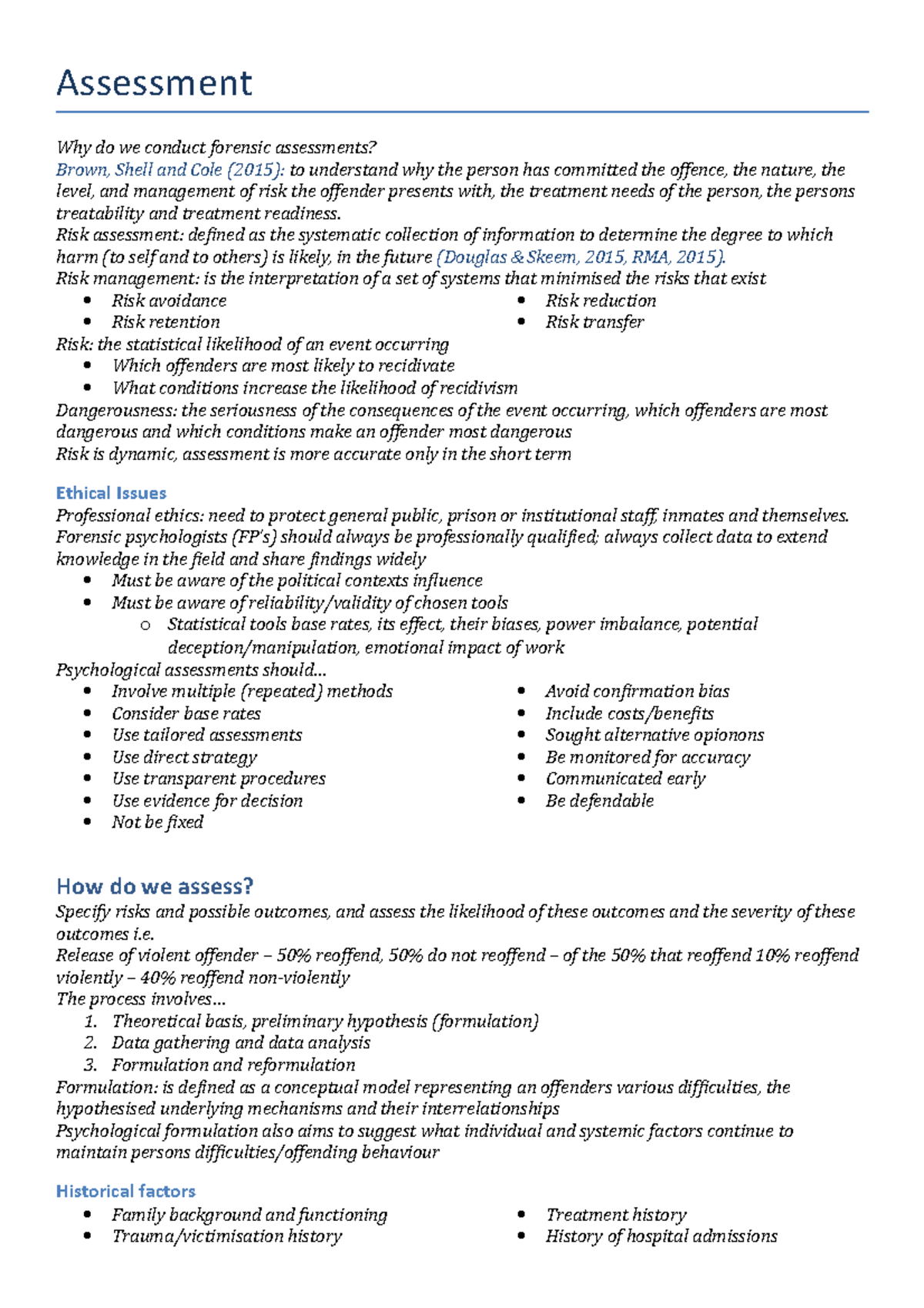 Assessment Lecture notes - Assessment Why do we conduct forensic ...