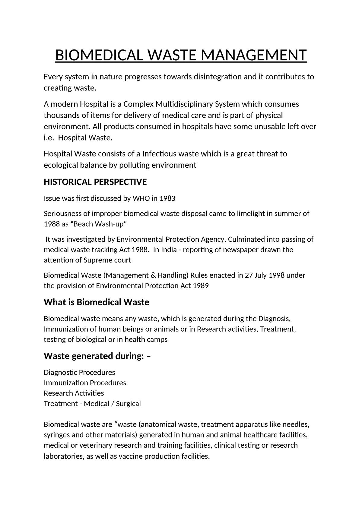 literature review of biomedical waste management