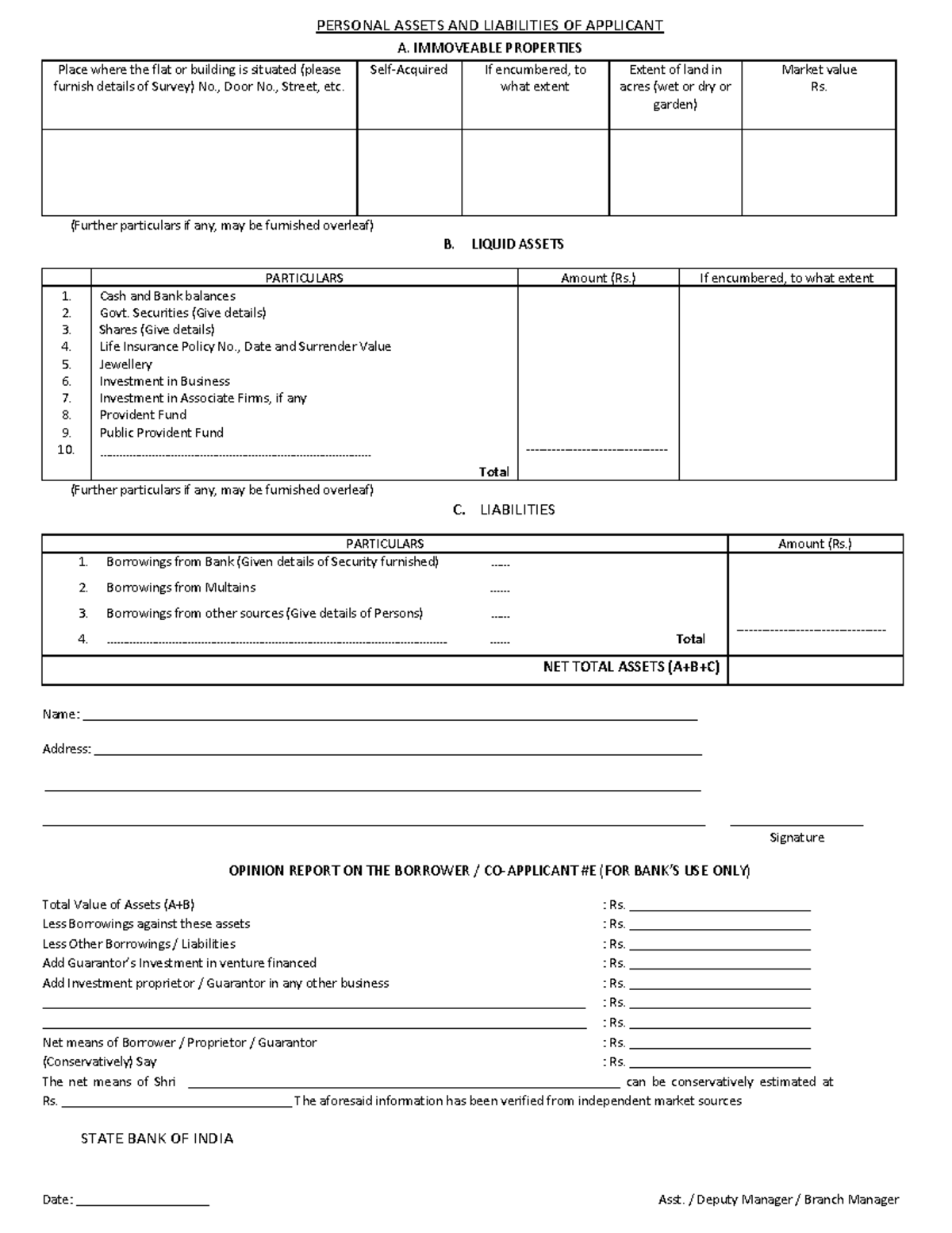 351260516 Sbi Assets Liabilities Format - PERSONAL ASSETS AND ...