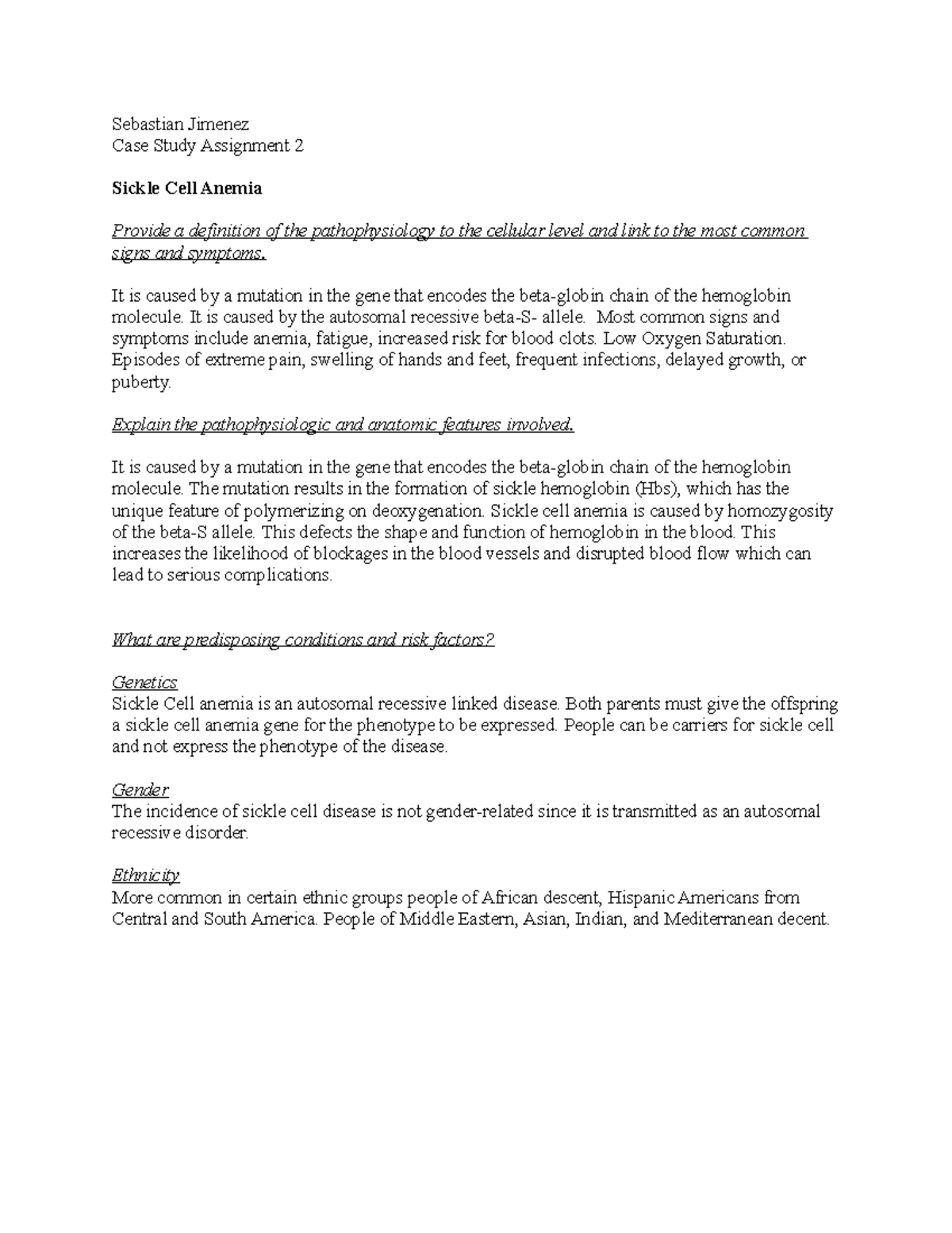 Case Study 2 - Sebastian Jimenez Case Study Assignment 2 Sickle Cell ...