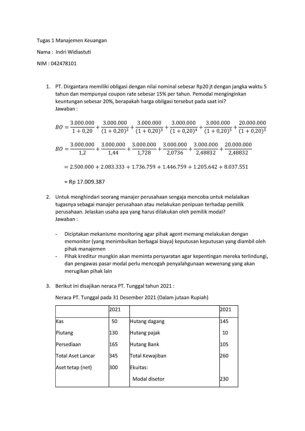 Tugas 1 Manajemen Keuangan - Tugas 1 Manajemen Keuangan Nama : Indri ...