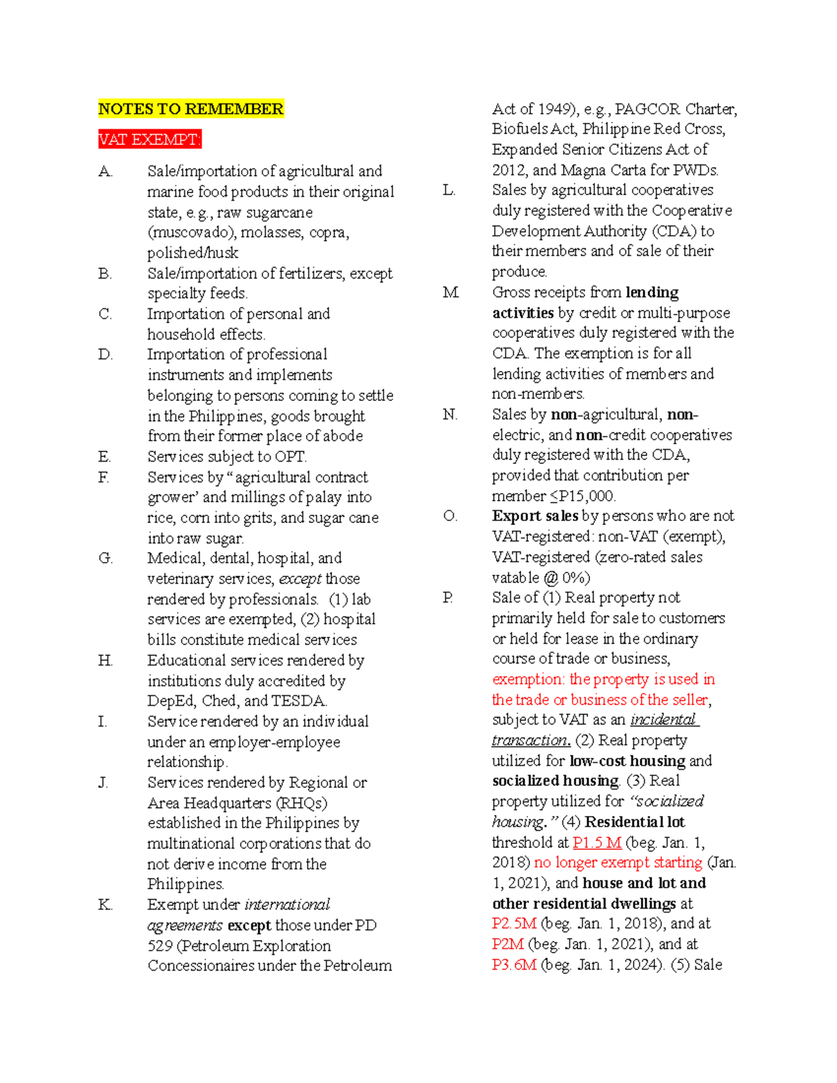 Business Tax VAT NOTES TO REMEMBER VAT EXEMPT A. Sale/importation of agricultural and marine