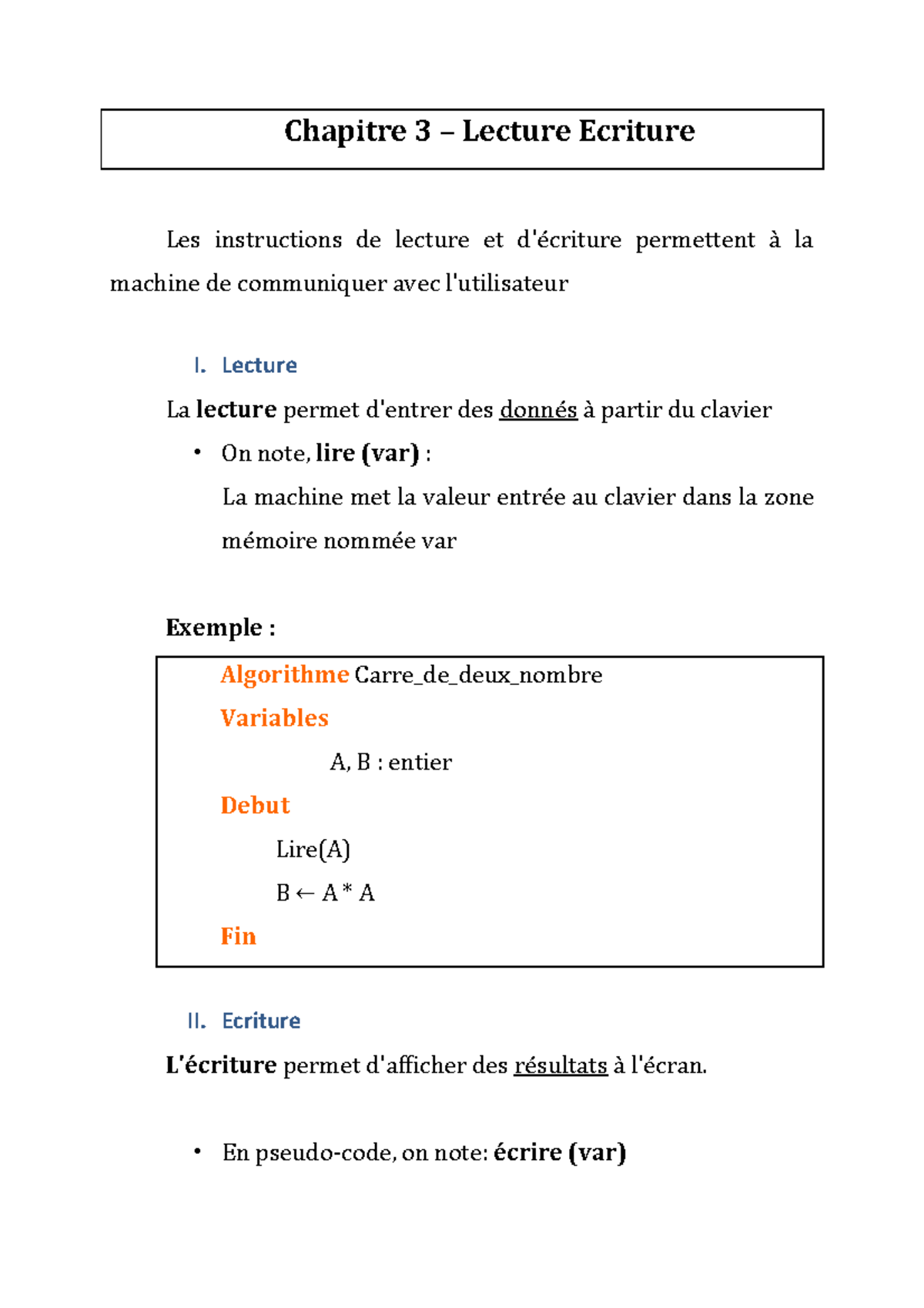 03 - Algorithme - Entrés Sorties - Chapitre 3 – Lecture Ecriture Les ...