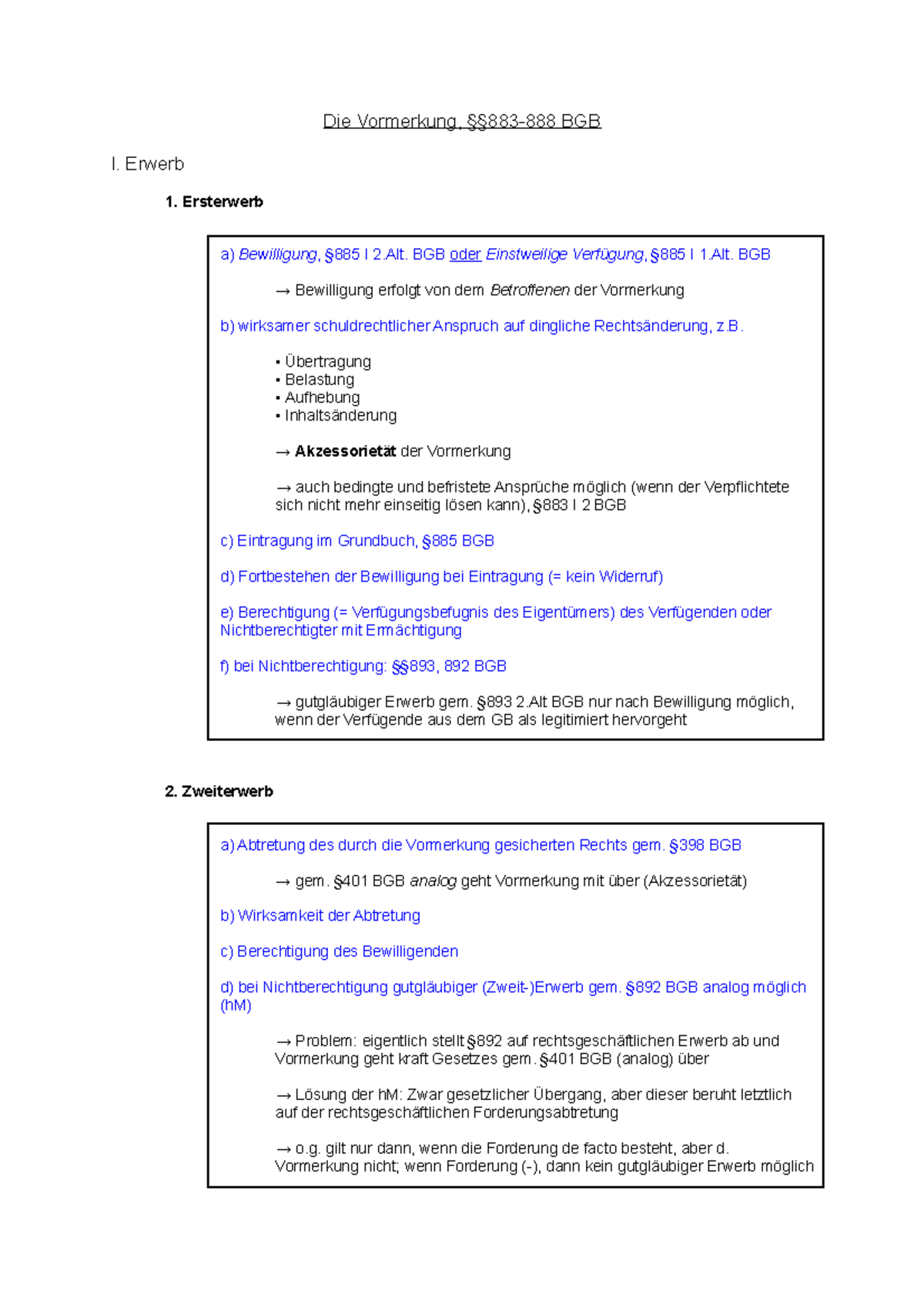 5 Die Vormerkung - Erwerb Ersterwerb a) Bewilligung, §885 I 2. BGB oder Einstweilige Verfügung ...