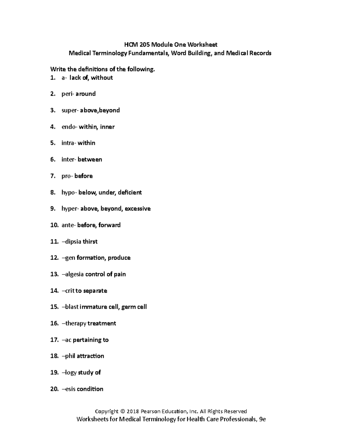 Module One Worksheet - HCM 205 Module One Worksheet Medical Terminology ...