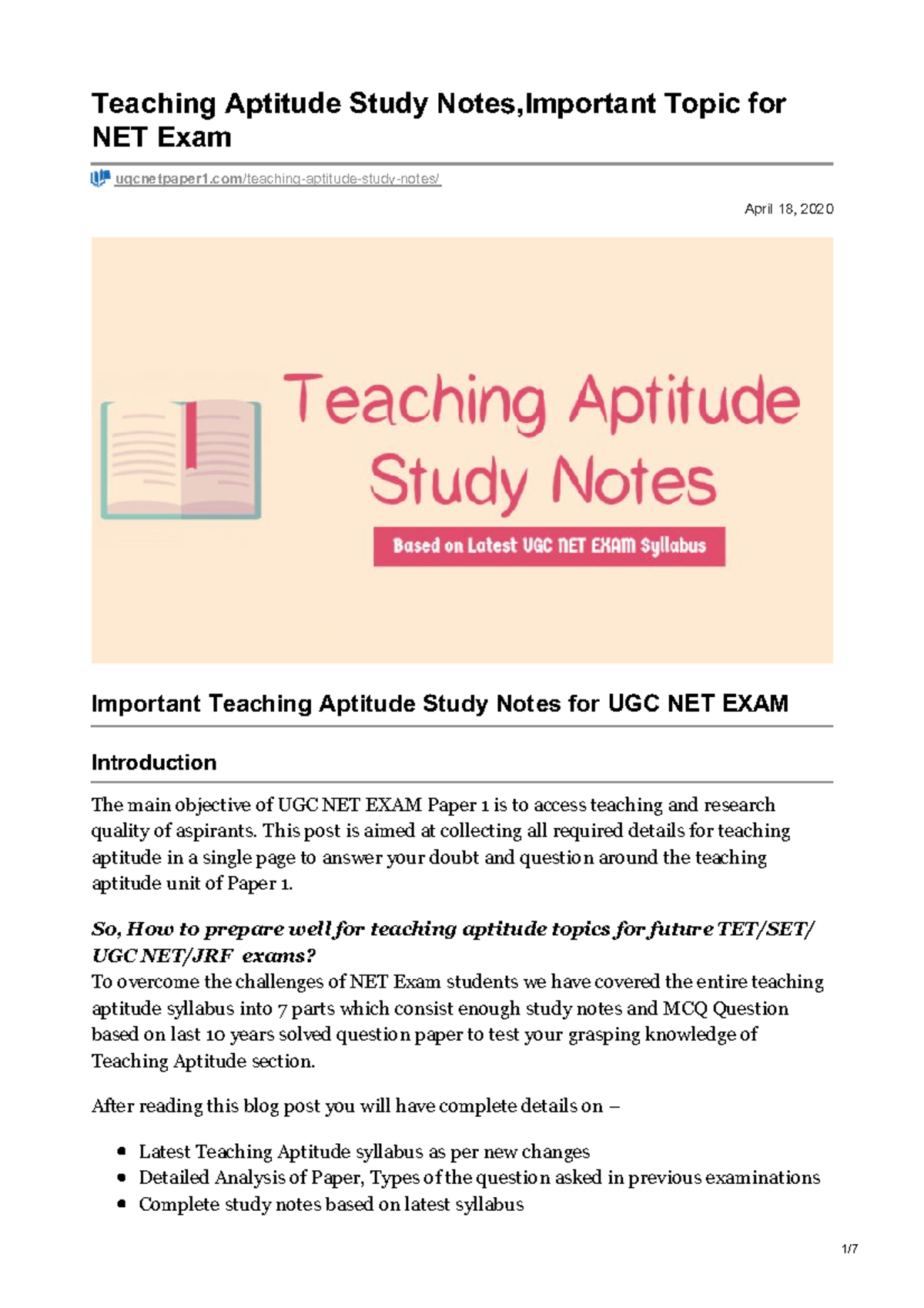 Teaching Aptitude Study Notes Part 1 - April 18, 2020 Teaching Aptitude ...
