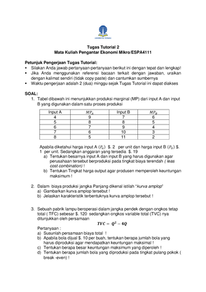 Jawaban Tugas 2 Pengantar Ekonomi Mikro - Tugas Tutorial 2 Mata Kuliah ...