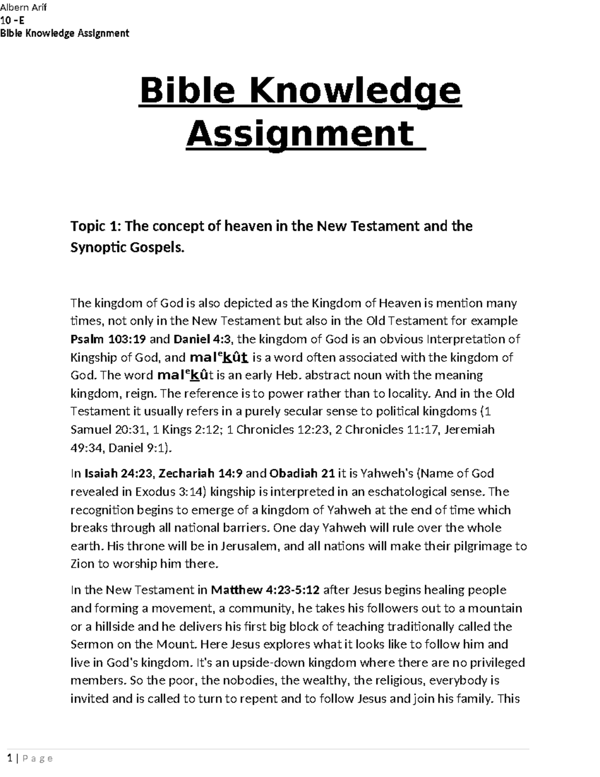 Bible Knowledge Assignment - Albern Arif 10 –E Bible Knowledge ...
