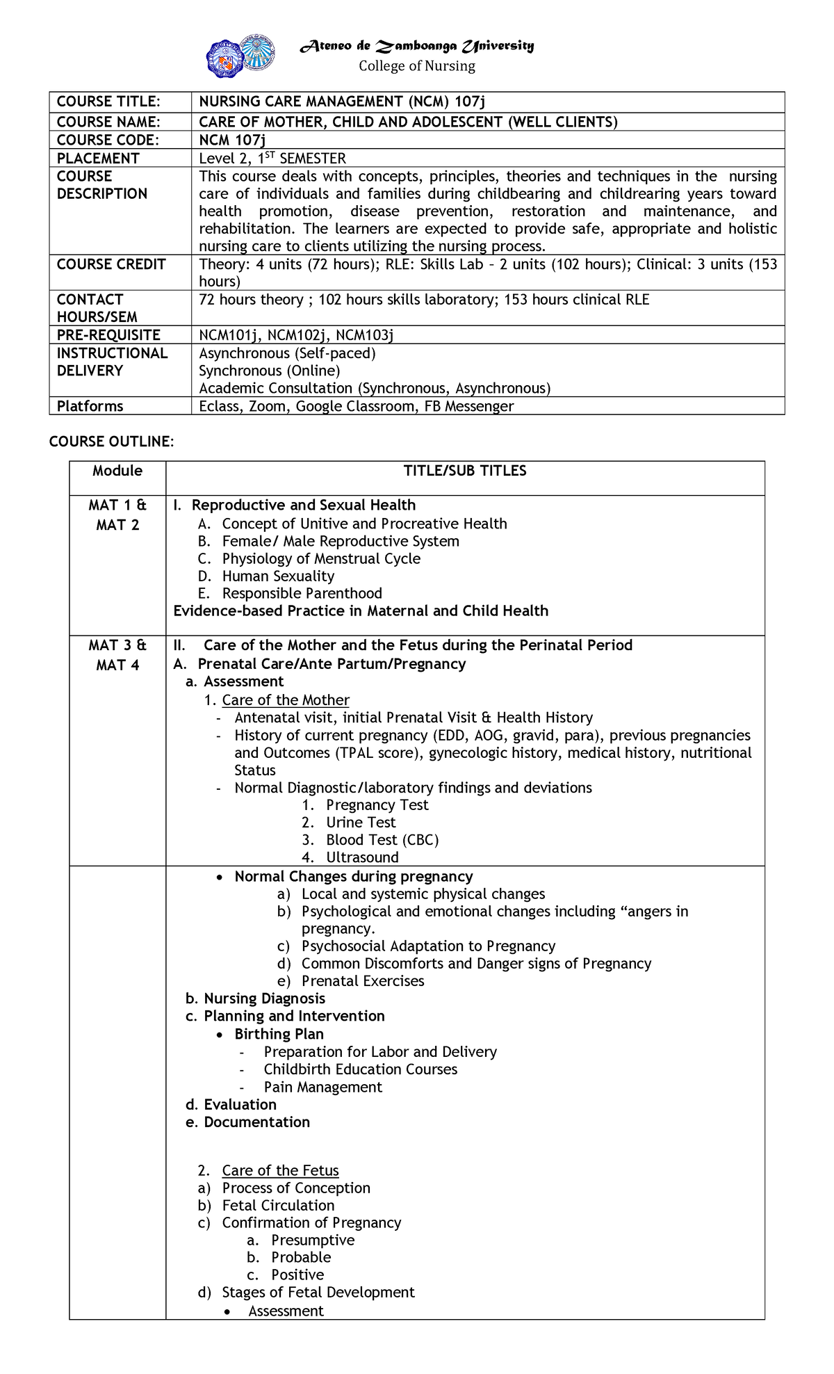 NCM 107J Course Outline MAT PED - College of Nursing COURSE TITLE ...