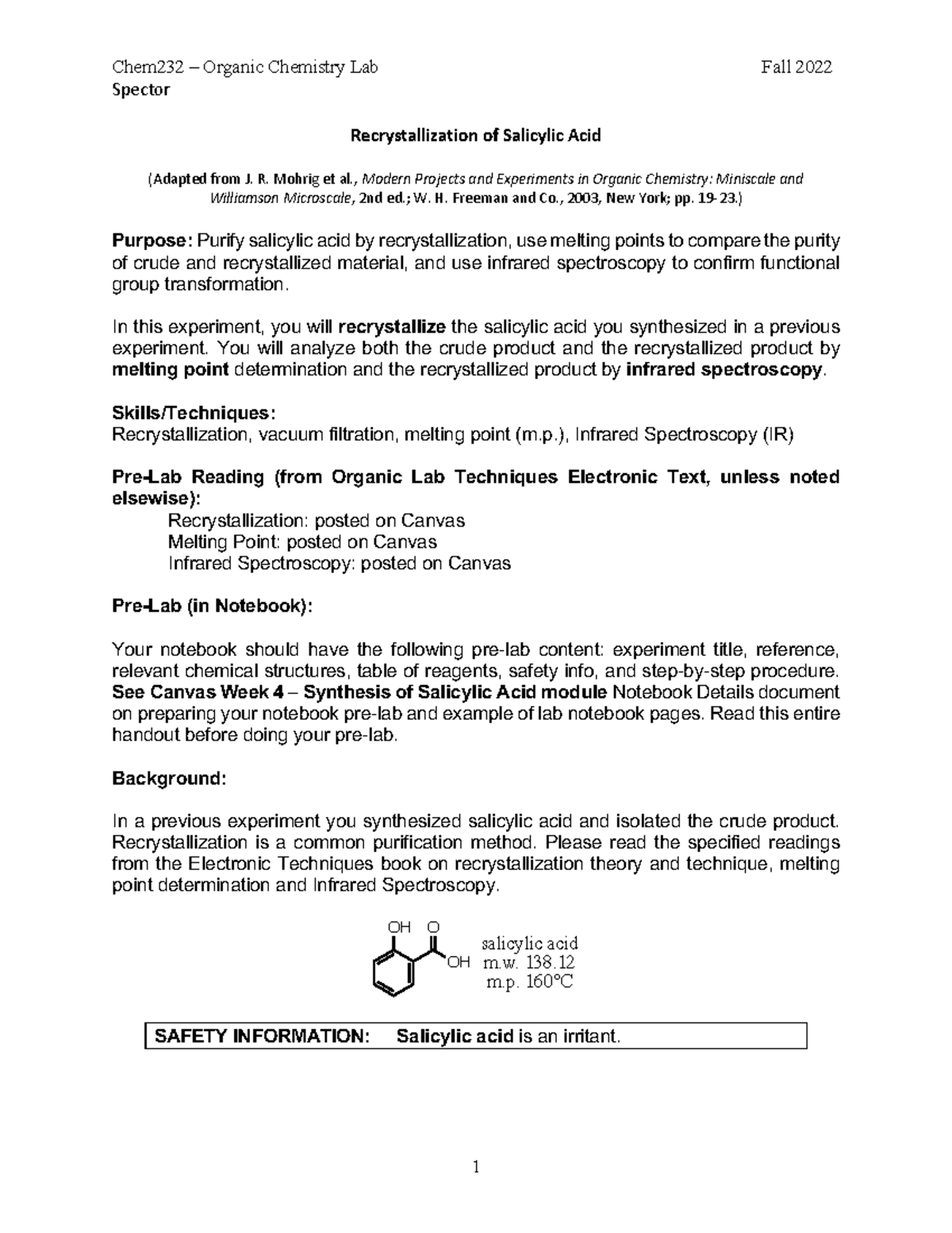 experiment recrystallization of salicylic acid