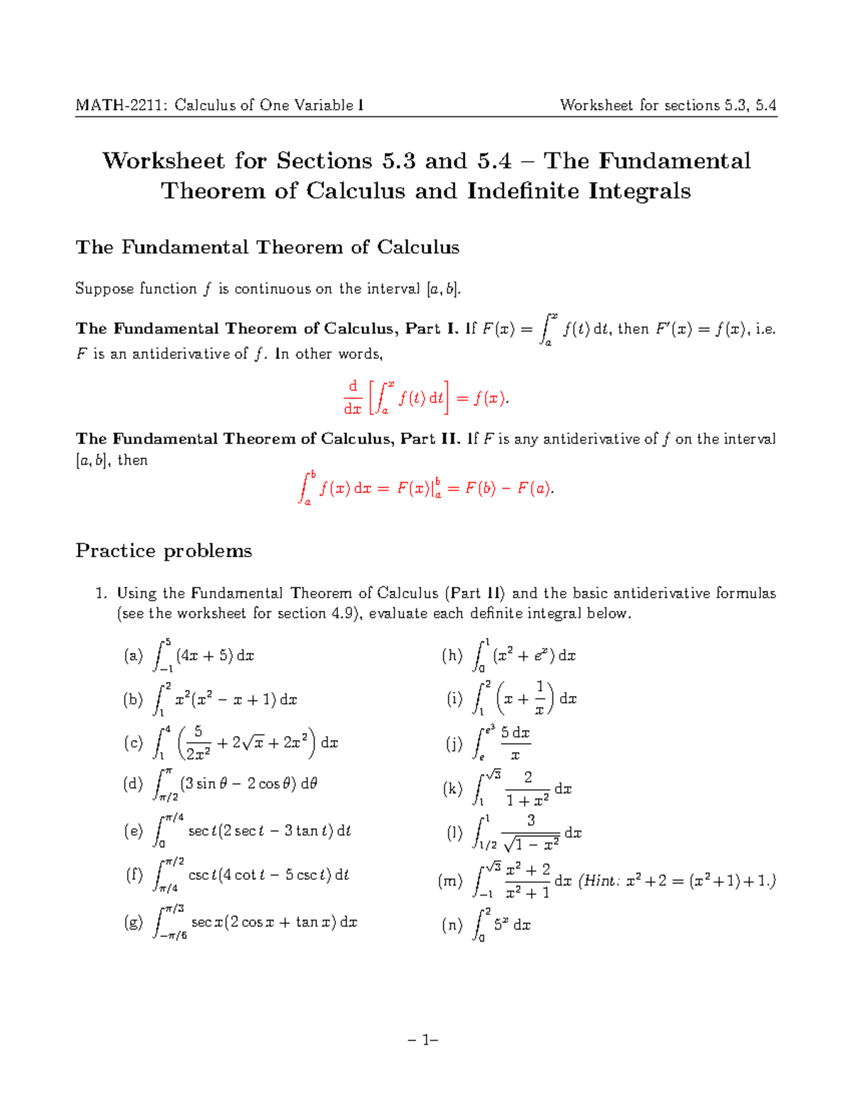 WS 5.3,5.4 - FTC and Indefinite Integrals - MATH-2211: Calculus of One ...