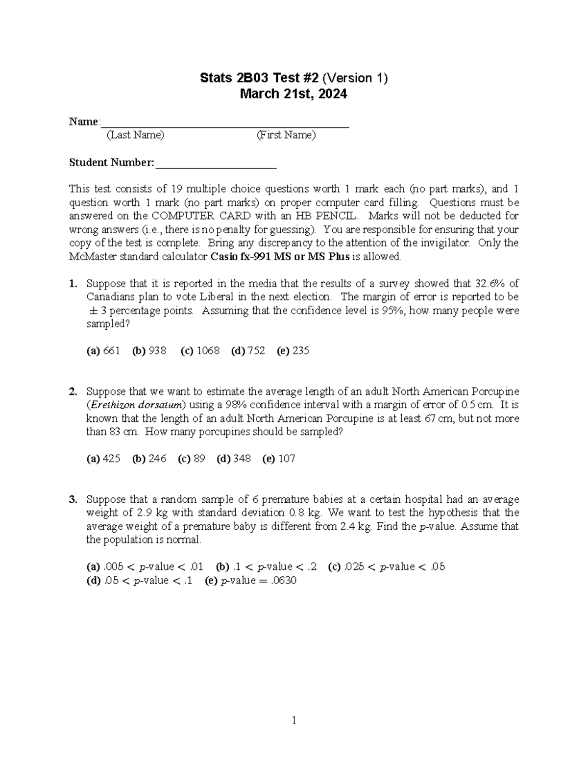 Practice Test 2 for Stats - Stats 2B03 Test #2 (Version 1) March 21st ...
