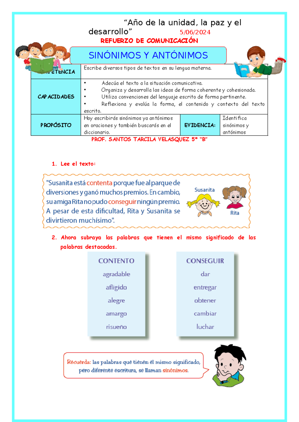 F. Refuerzo COMU Sinónimos Y Antonimos - desarrollo” 5/06/ REFUERZO DE ...
