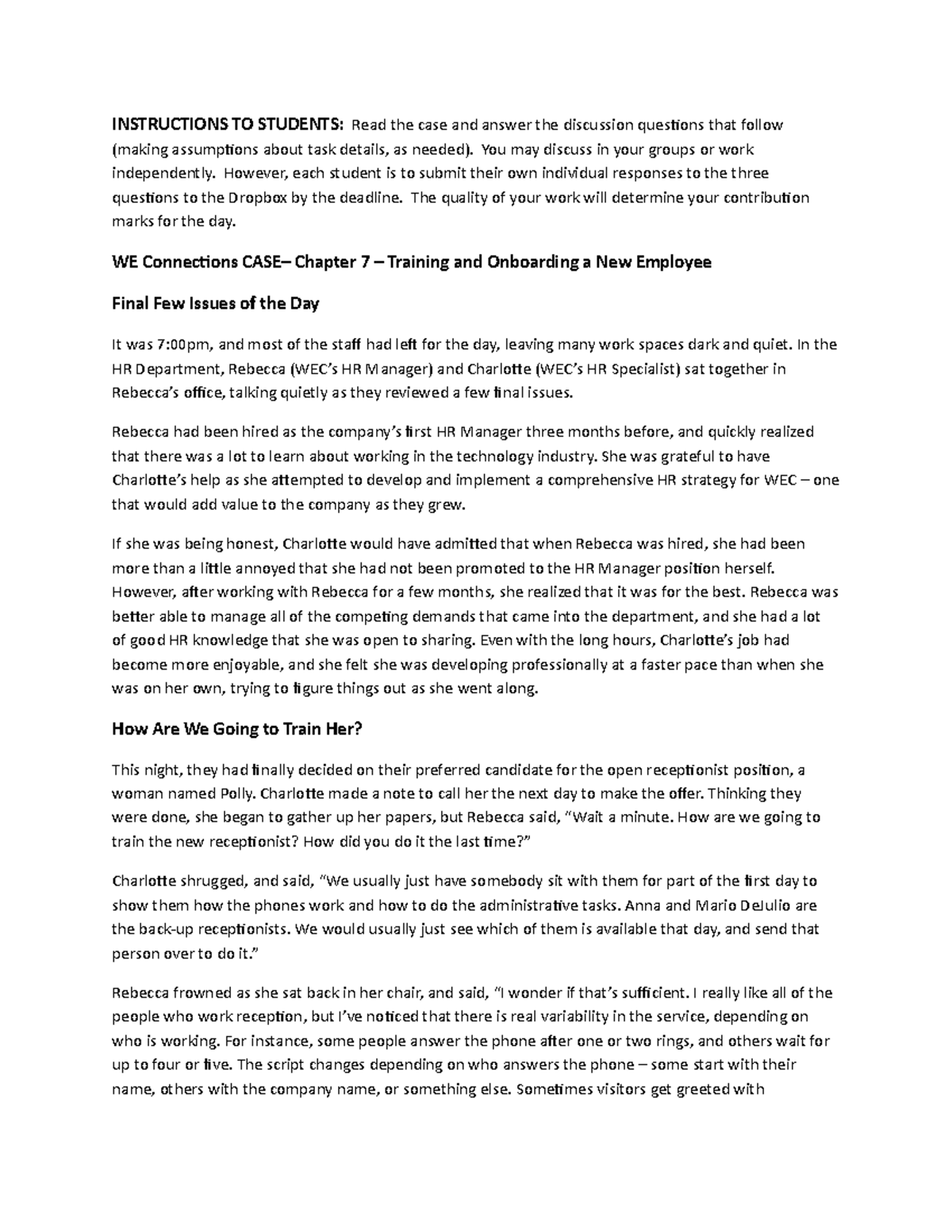 Case Handout- Training and Onboarding a New Employee - INSTRUCTIONS TO ...