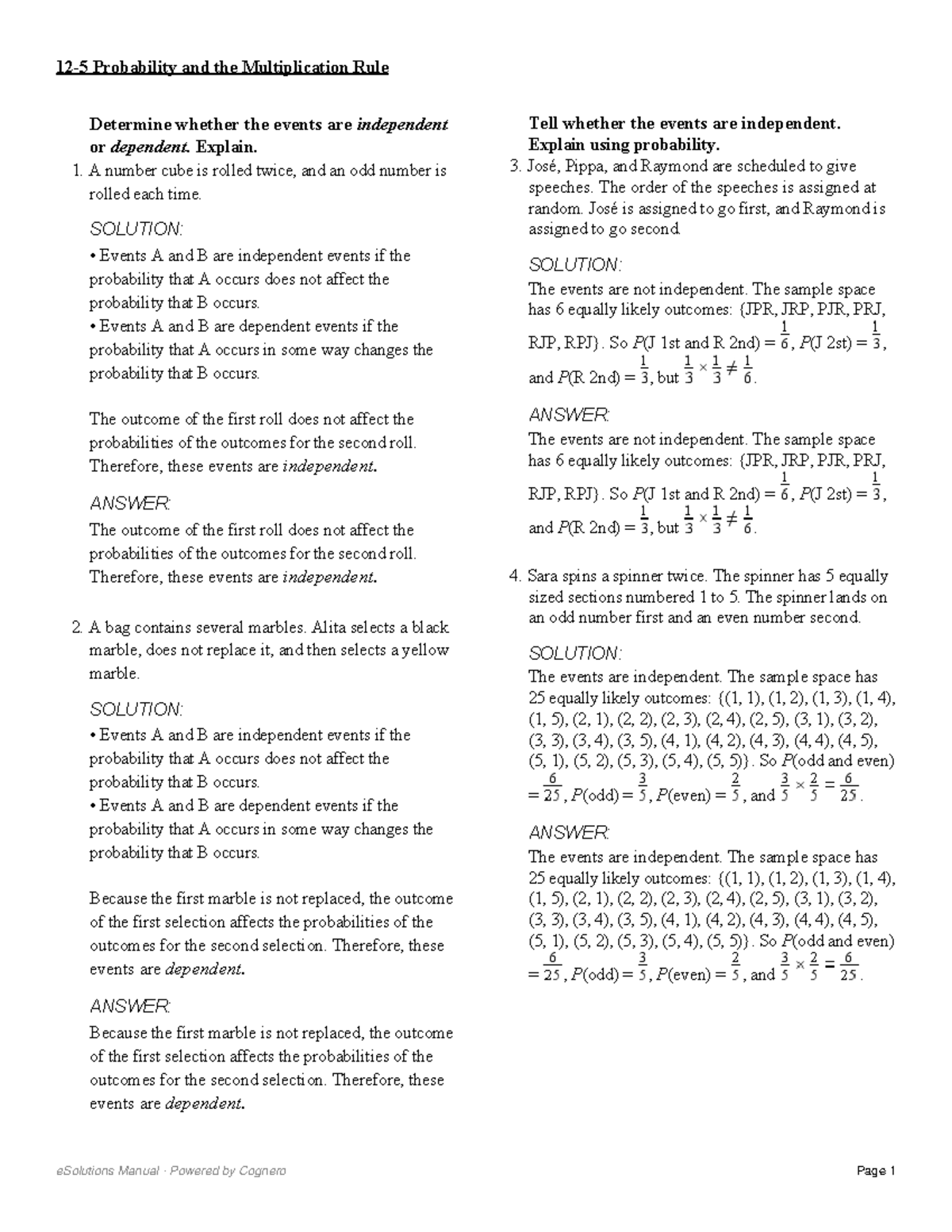 12 5 Probability and the Multiplication Rule - Determine whether the ...