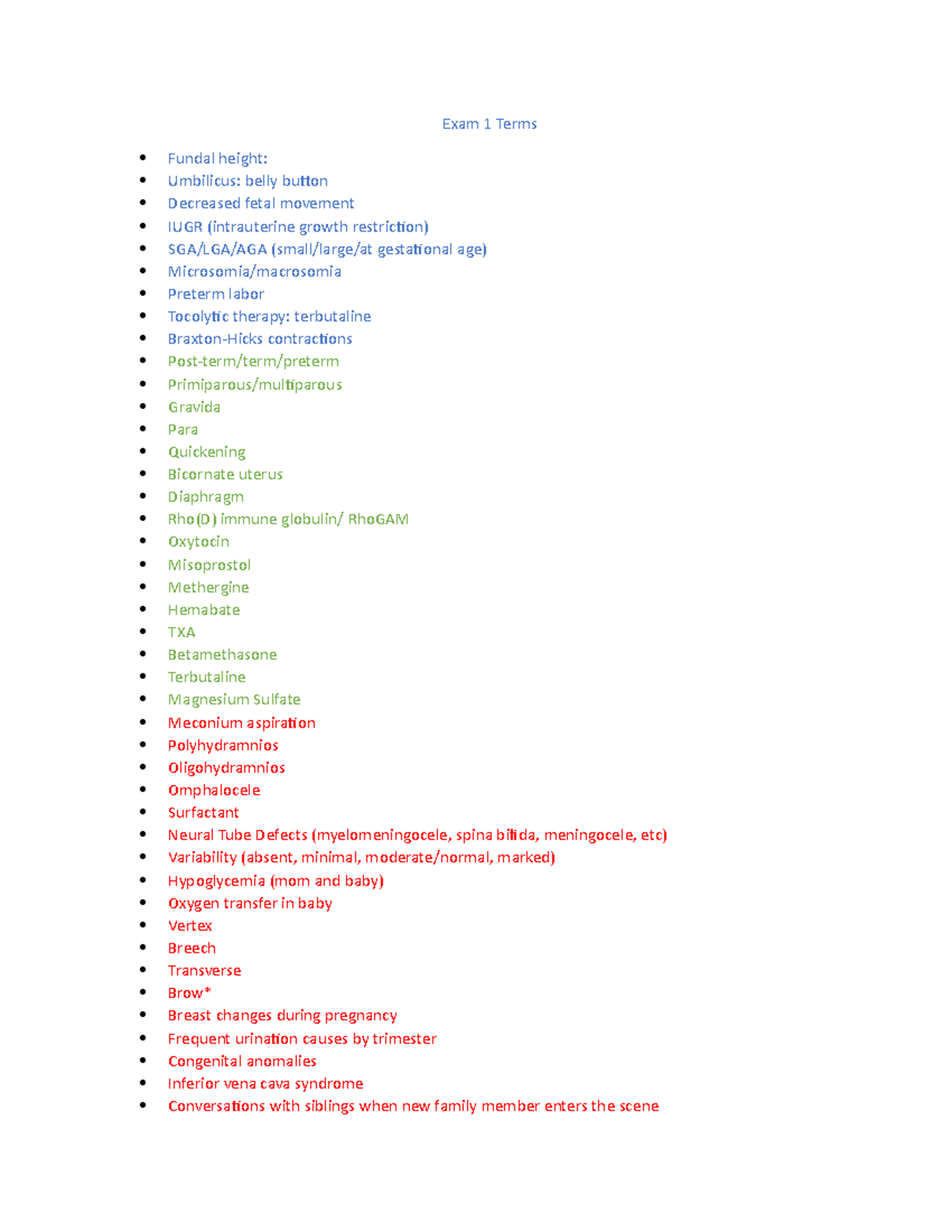 Exam 1 Terms and Talking Points - Exam 1 Terms Fundal height: Umbilicus ...