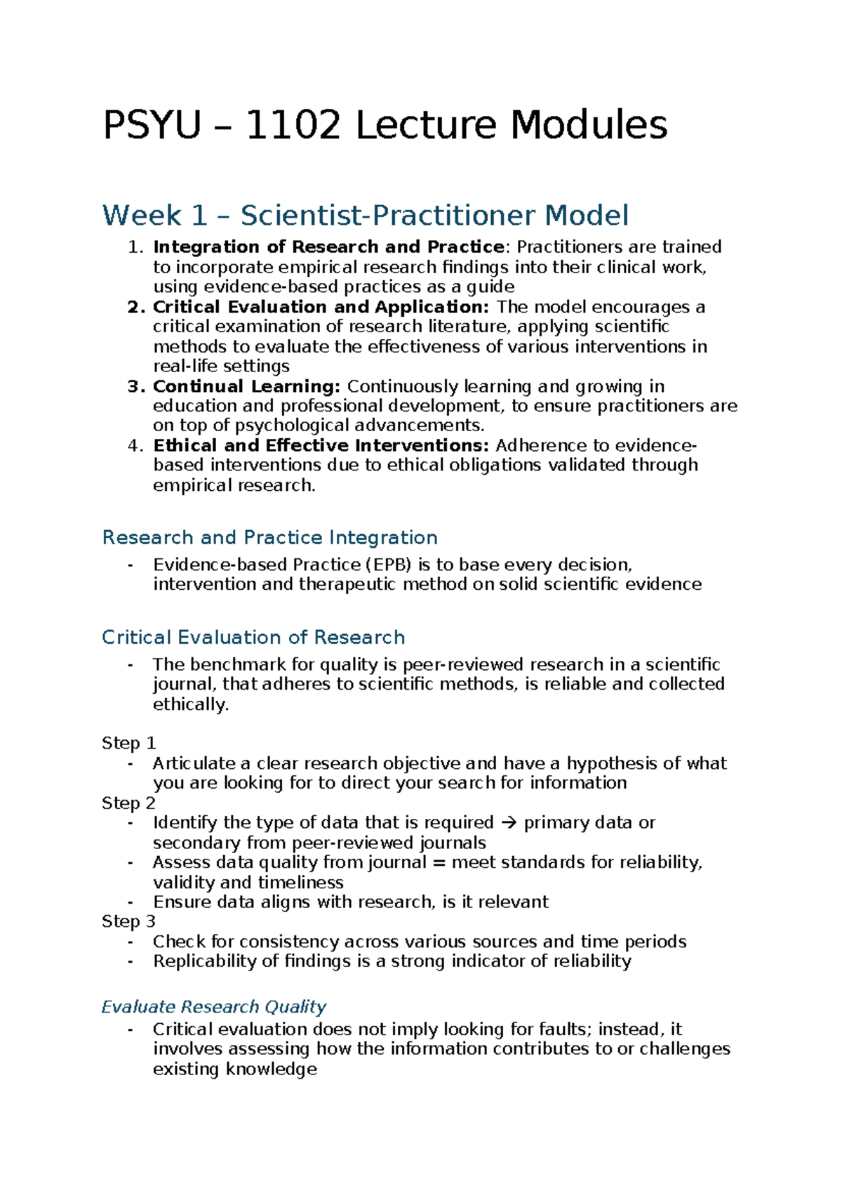 PSYU - 1102 - Notes - PSYU – 1102 Lecture Modules Week 1 – Scientist ...
