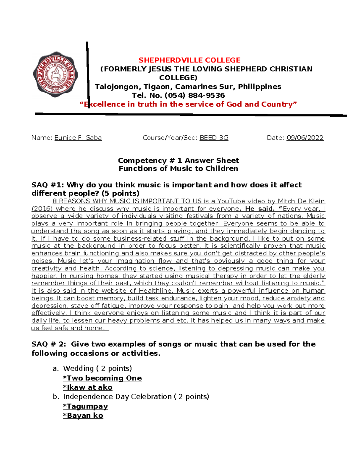 Answersheet #1 - Module - SHEPHERDVILLE COLLEGE (FORMERLY JESUS THE ...