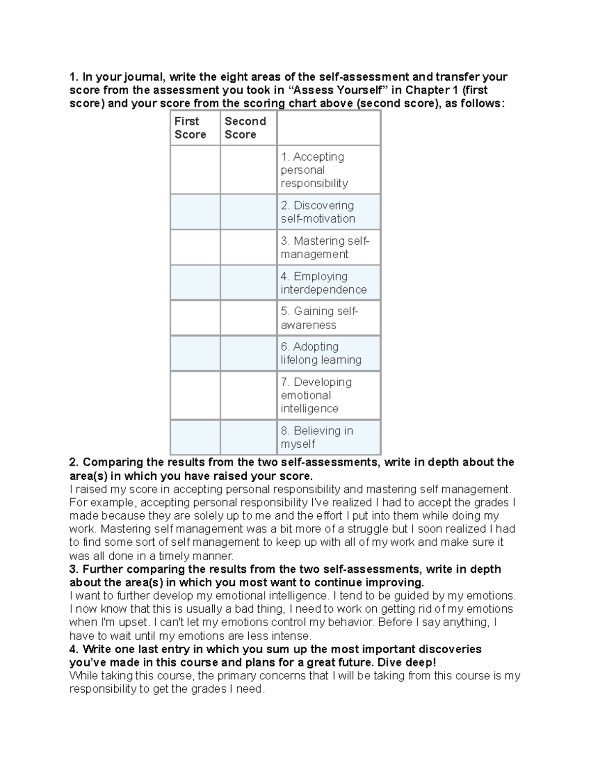 Journal Entry 32 - In your journal, write the eight areas of the self 