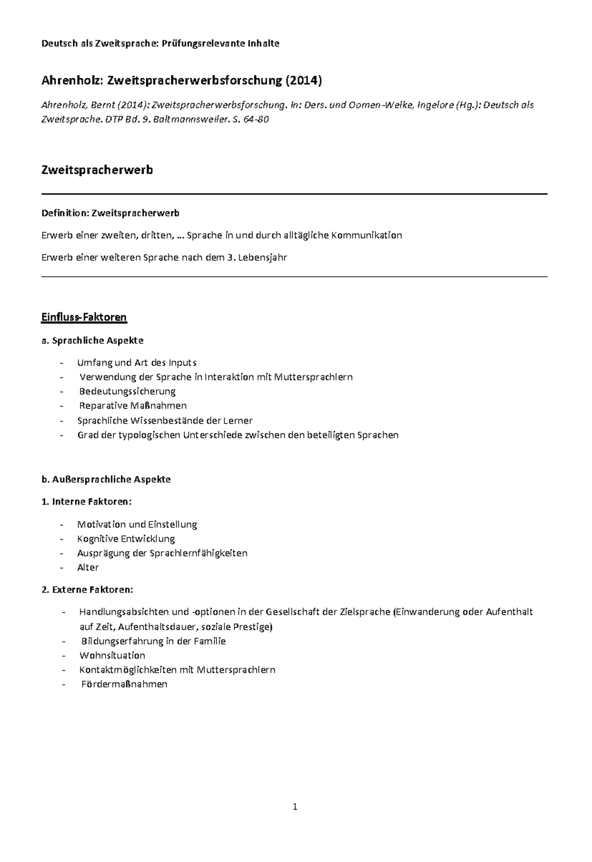 Deutsch Als Zweitsprache: Zusammenfassung Von Ahrenholz (2014 ...