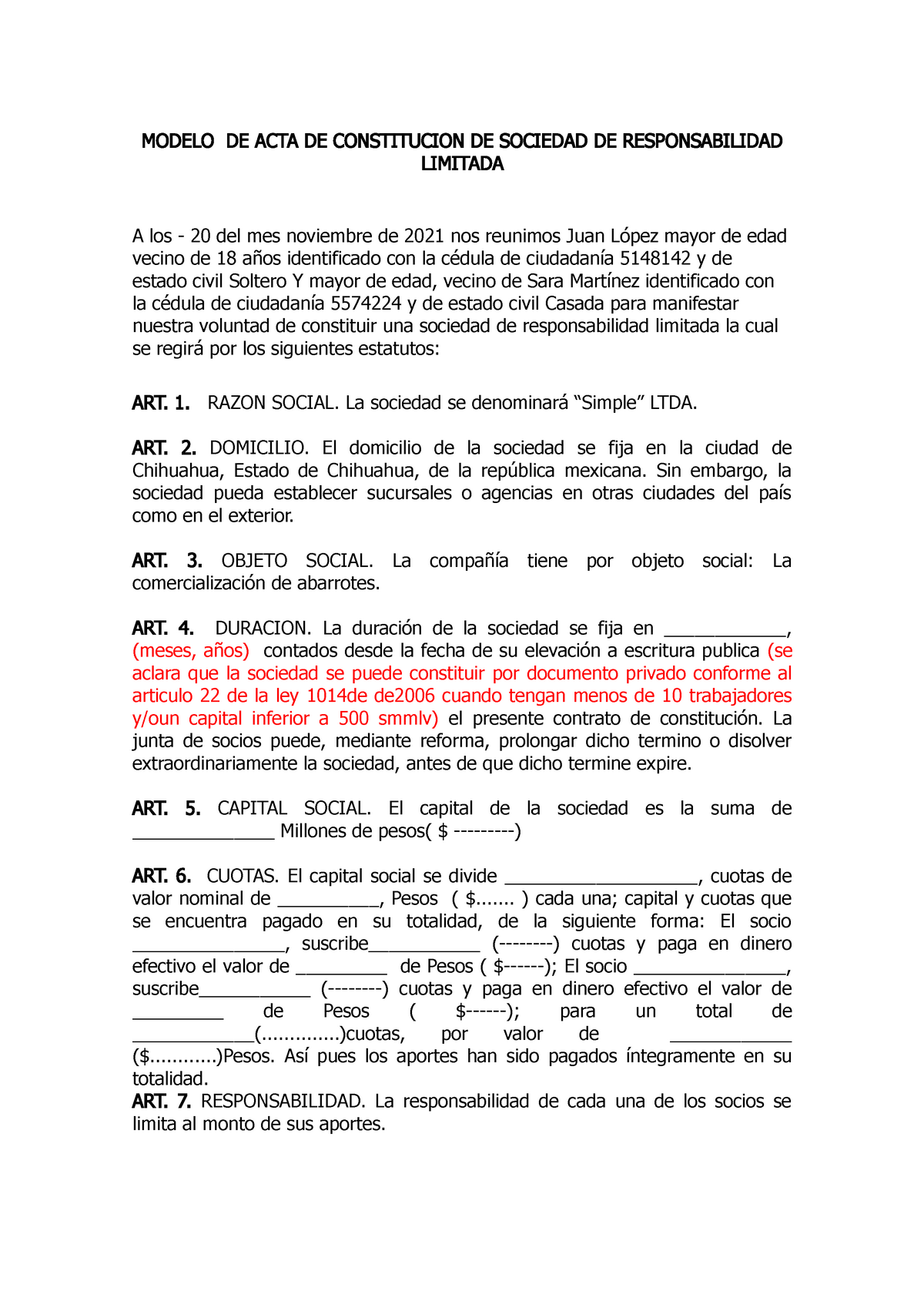 Acta Constitutiva De Sociedad De Responsabilidad Limitada Modelo De