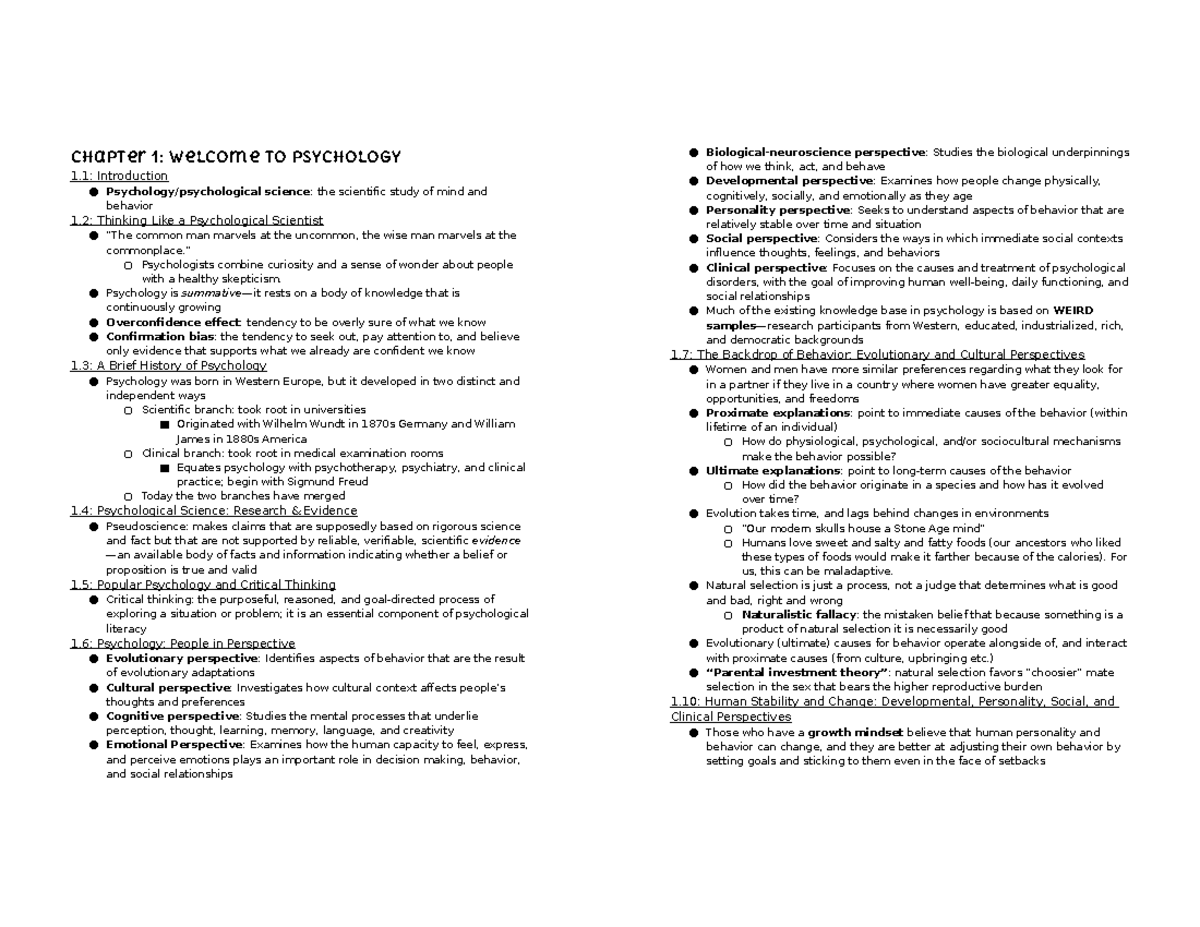 Textbook Psychology Exam 1 Notes - Chapter 1: Welcome To Psychology 1 ...