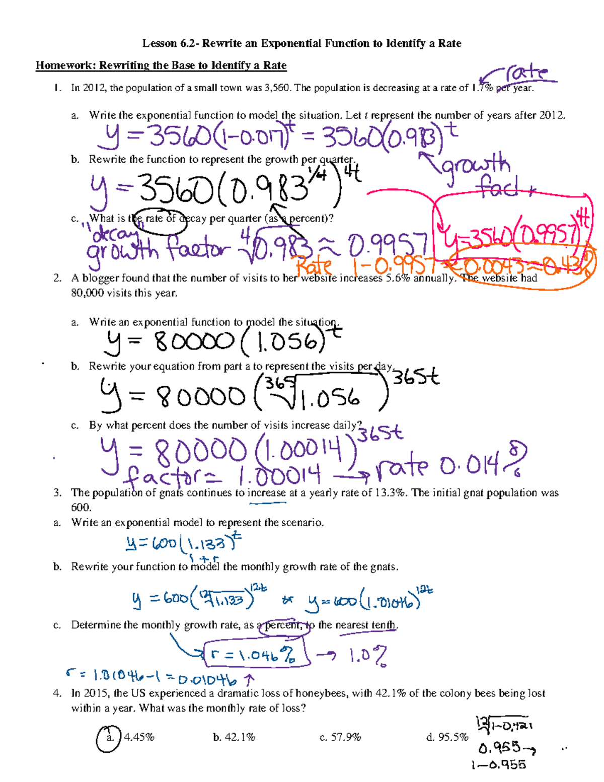 Lesson+6 - Math worksheet - Lesson 6- Rewrite an Exponential Function ...