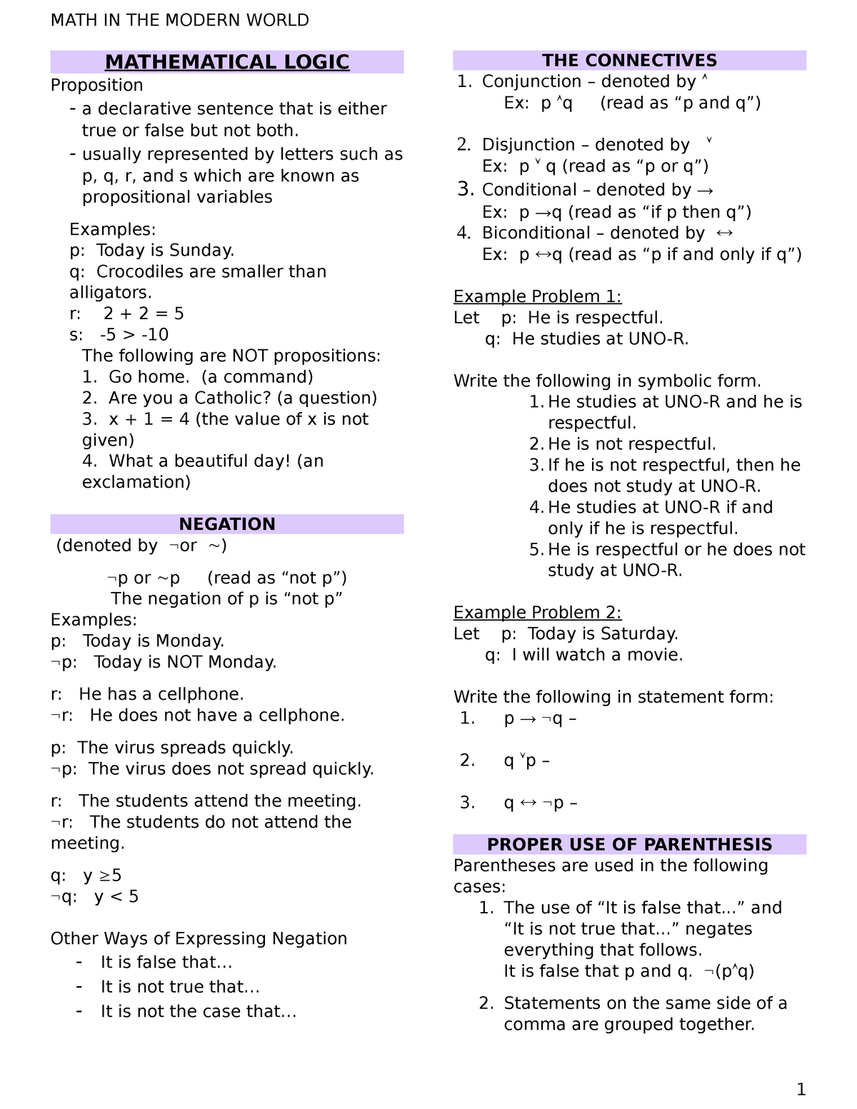 2.1 Mathematical Logic - MATH IN THE MODERN WORLD MATHEMATICAL LOGIC ...