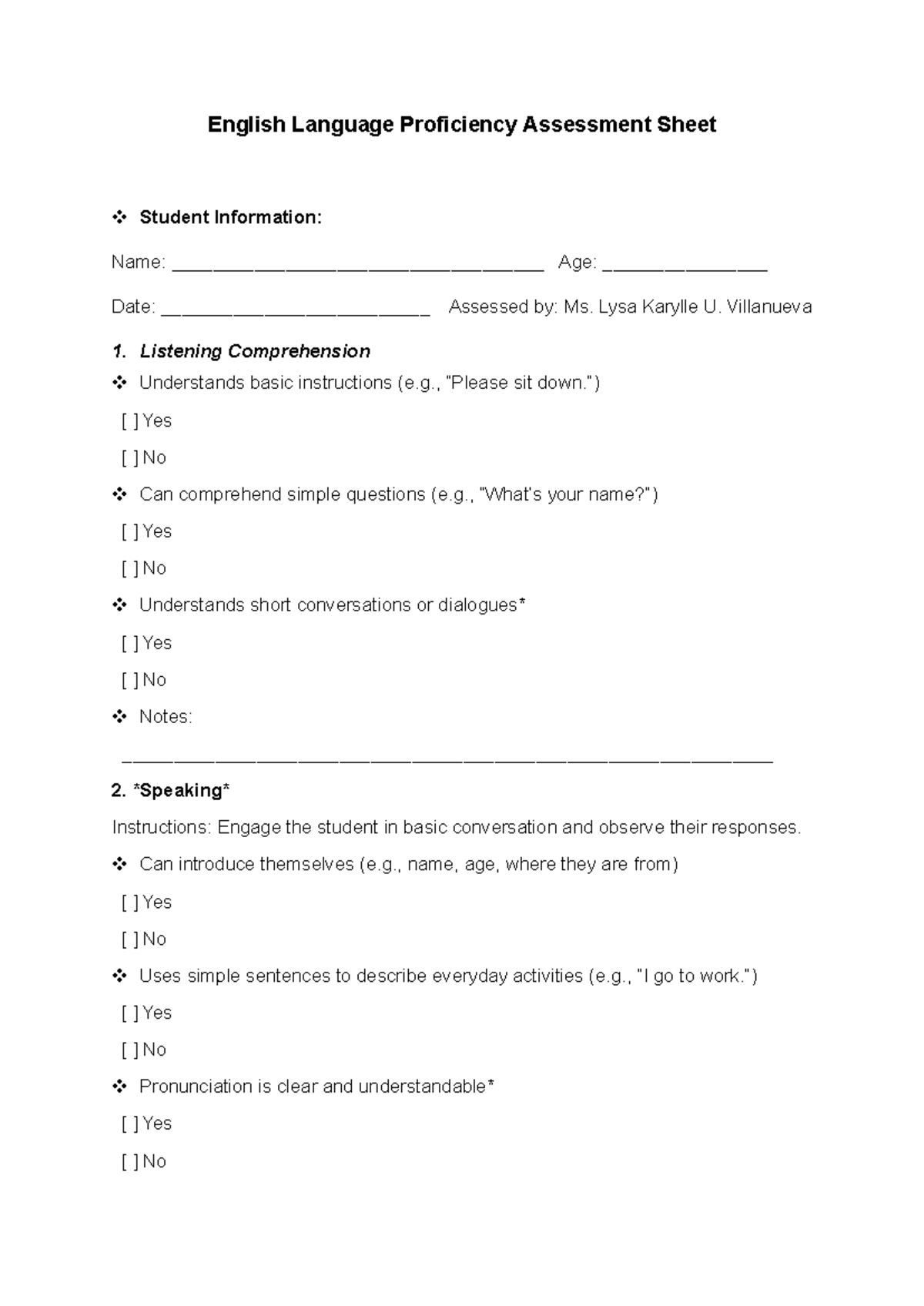 English Language Proficiency Assessment Sheet - Lysa Karylle U ...