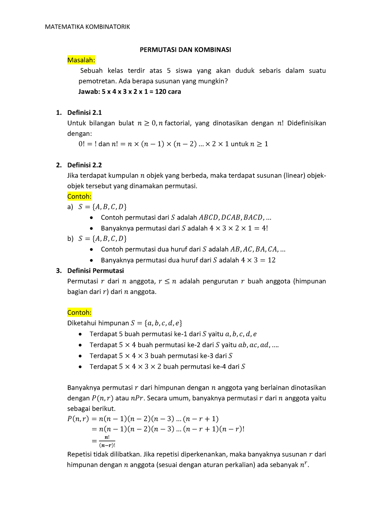 Pertemuan 2 Permutasi Dan Kombinasi - MATEMATIKA KOMBINATORIK PERMUTASI ...